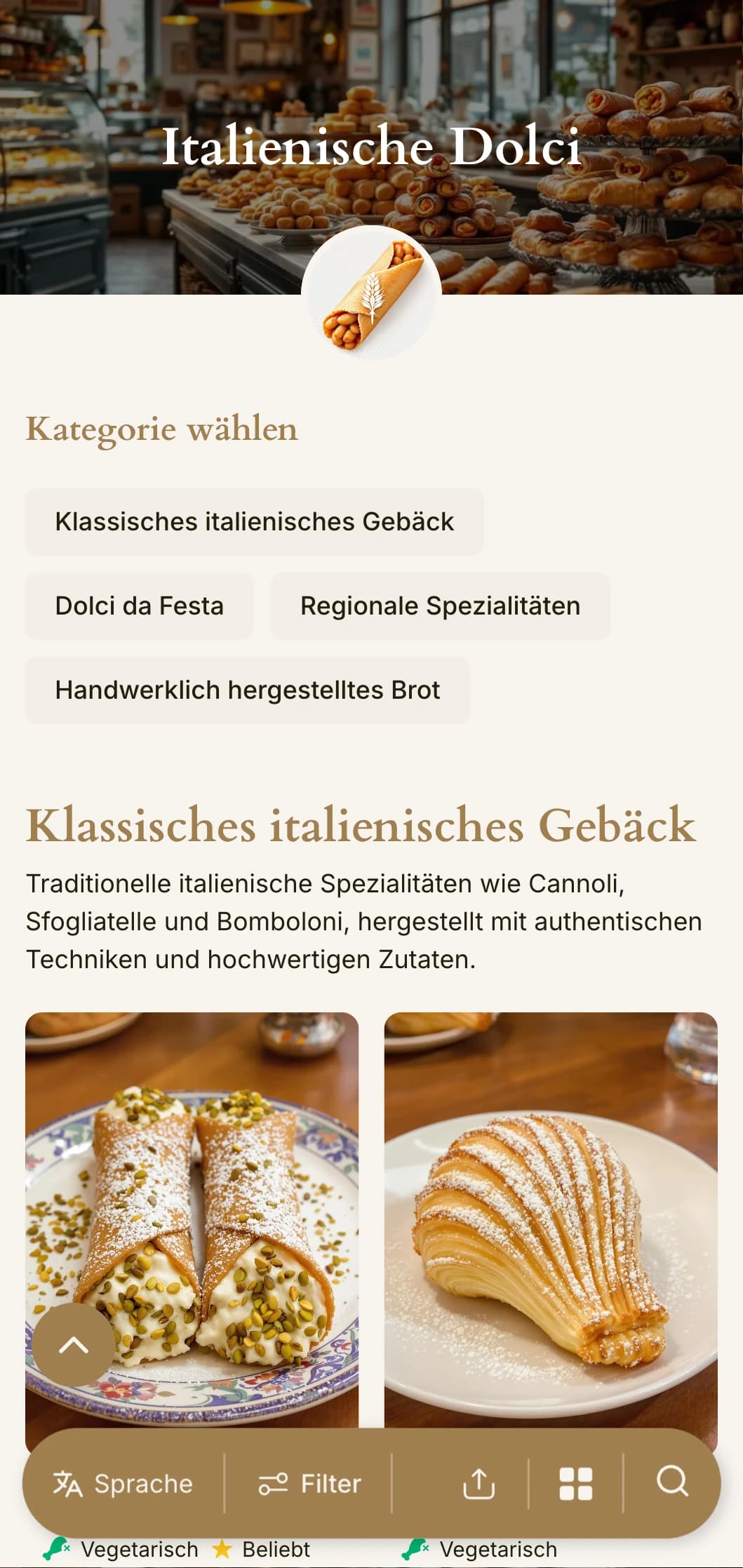 Ein warmes, mediterran inspiriertes Bäckerei-Menü-Design mit Erdtönen und traditioneller Typografie, ideal für italienische Konditoreien und Dessert-Cafés.