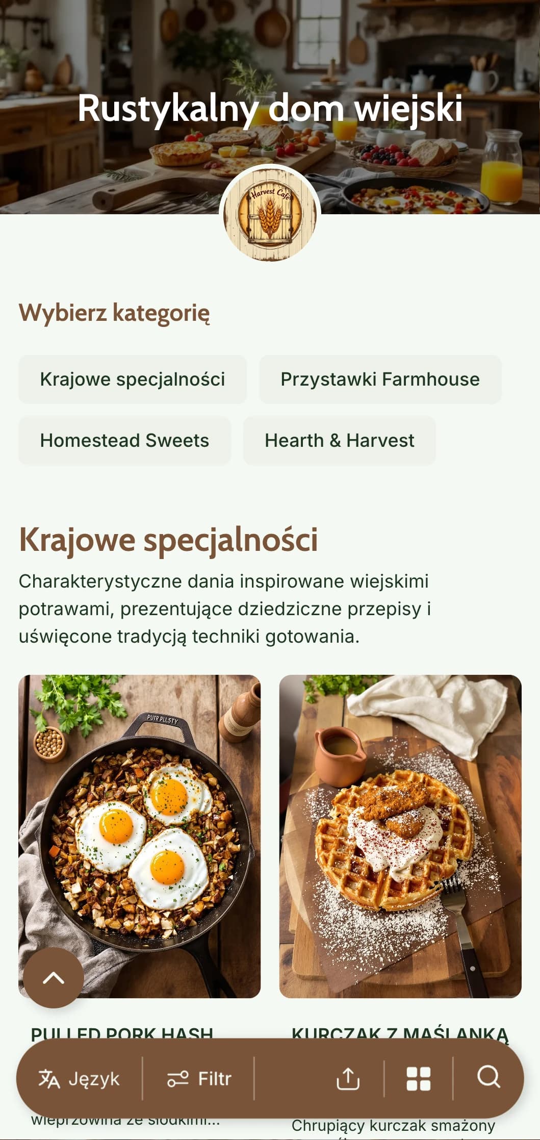 Ciepły, rustykalny szablon brunchowy z drewnianymi teksturami i domowymi elementami, idealny do lokali w stylu wiejskim i lokali typu farm-to-table.