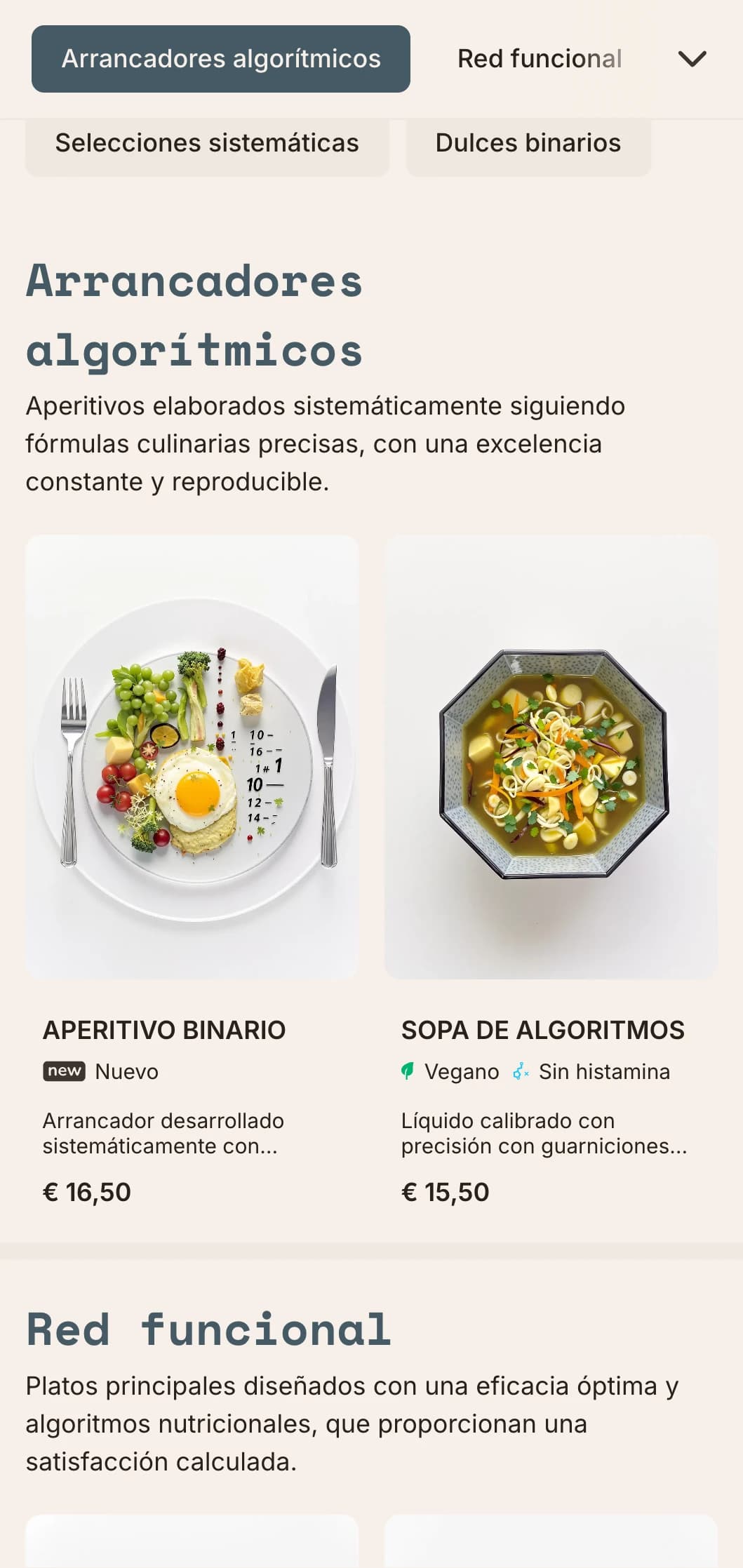 Diseño técnico y funcional de menús de mediodía con elementos matemáticos y disposición sistemática, perfecto para restaurantes y conceptos de restauración orientados a la precisión.