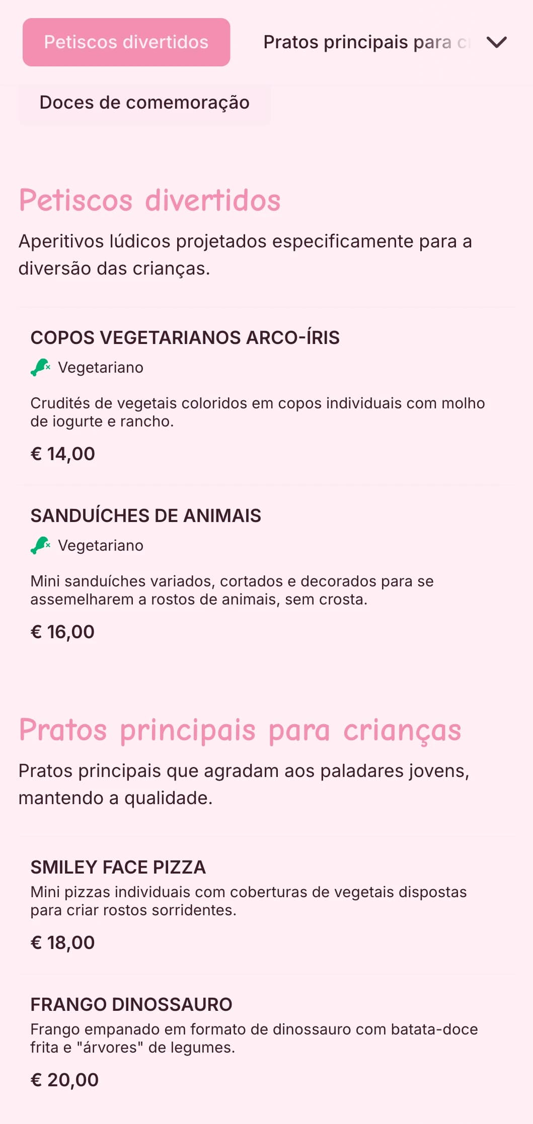 Serviço de bufê divertido e colorido projetado especificamente para eventos infantis com apresentação lúdica, opções para crianças e estações de alimentos interativas.