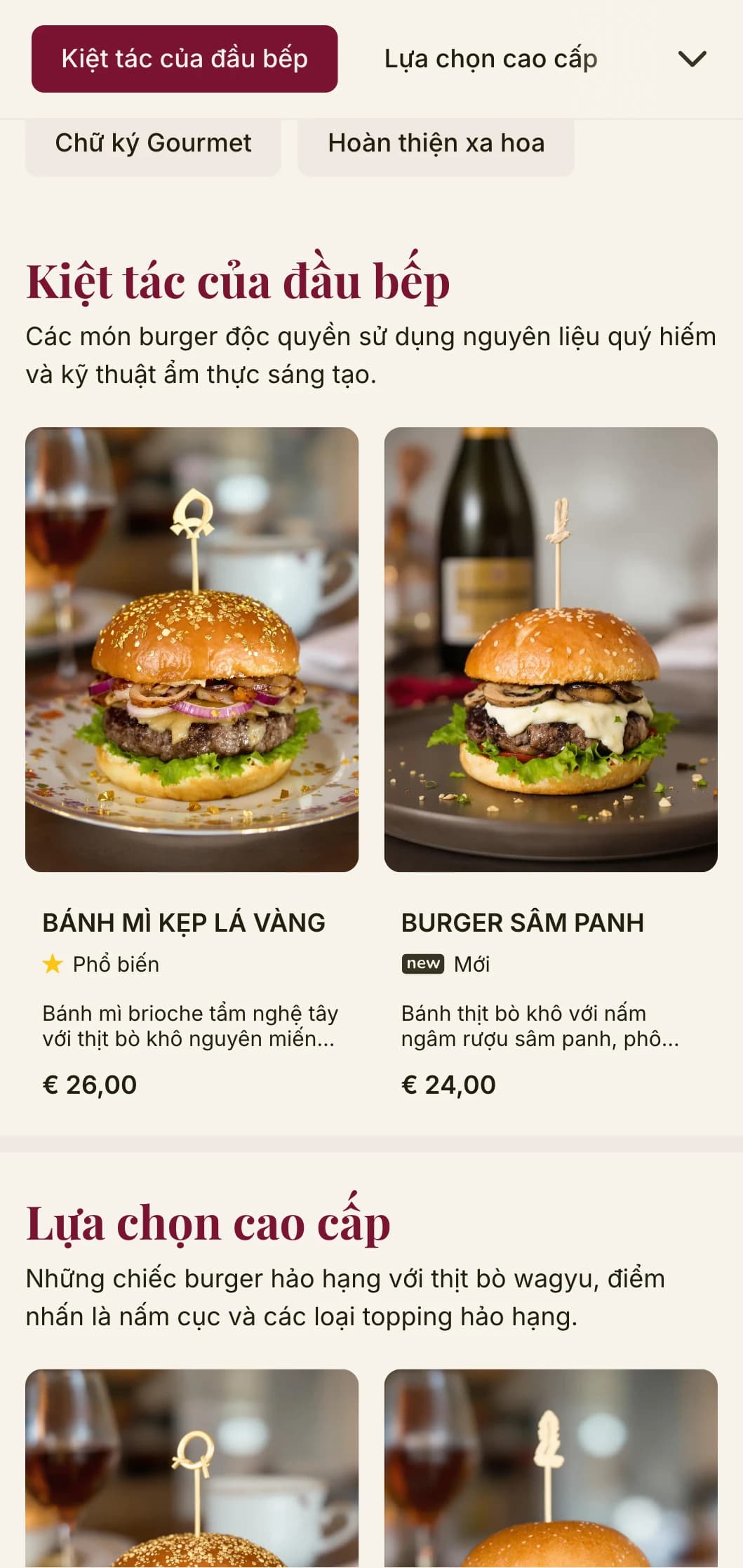 Nhà hàng burger cao cấp với kiểu chữ sang trọng và bảng màu phong phú mang đến trải nghiệm burger đẳng cấp.
