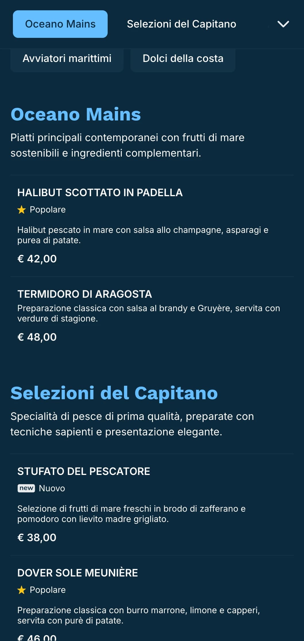 Un menu per la cena dai toni blu e nitidi, con influenze nautiche, perfetto per i ristoranti di pesce di alto livello.