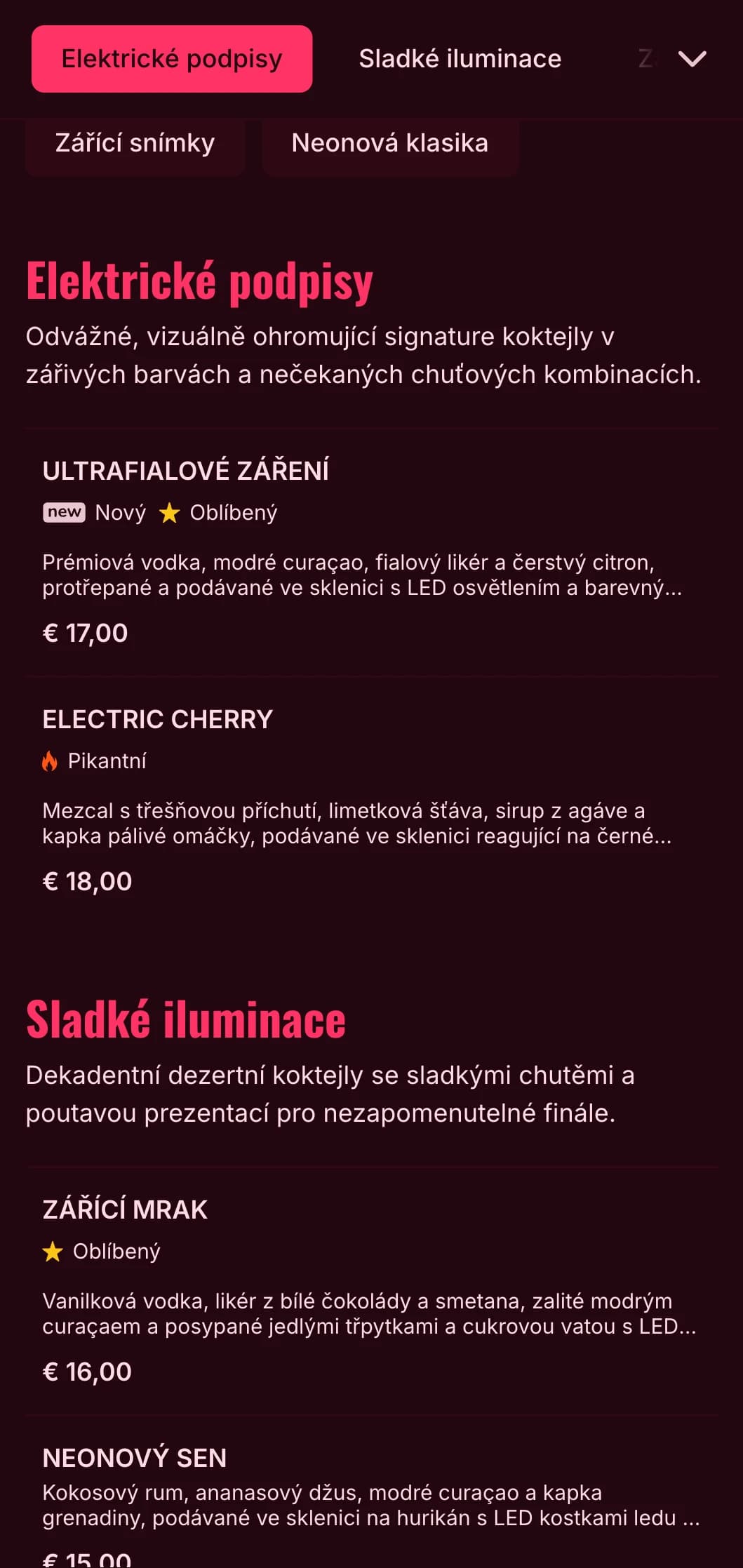 Odvážný, zářivý design jídelního lístku inspirovaný neonovým nočním životem je ideální pro moderní koktejlové bary a noční kluby.