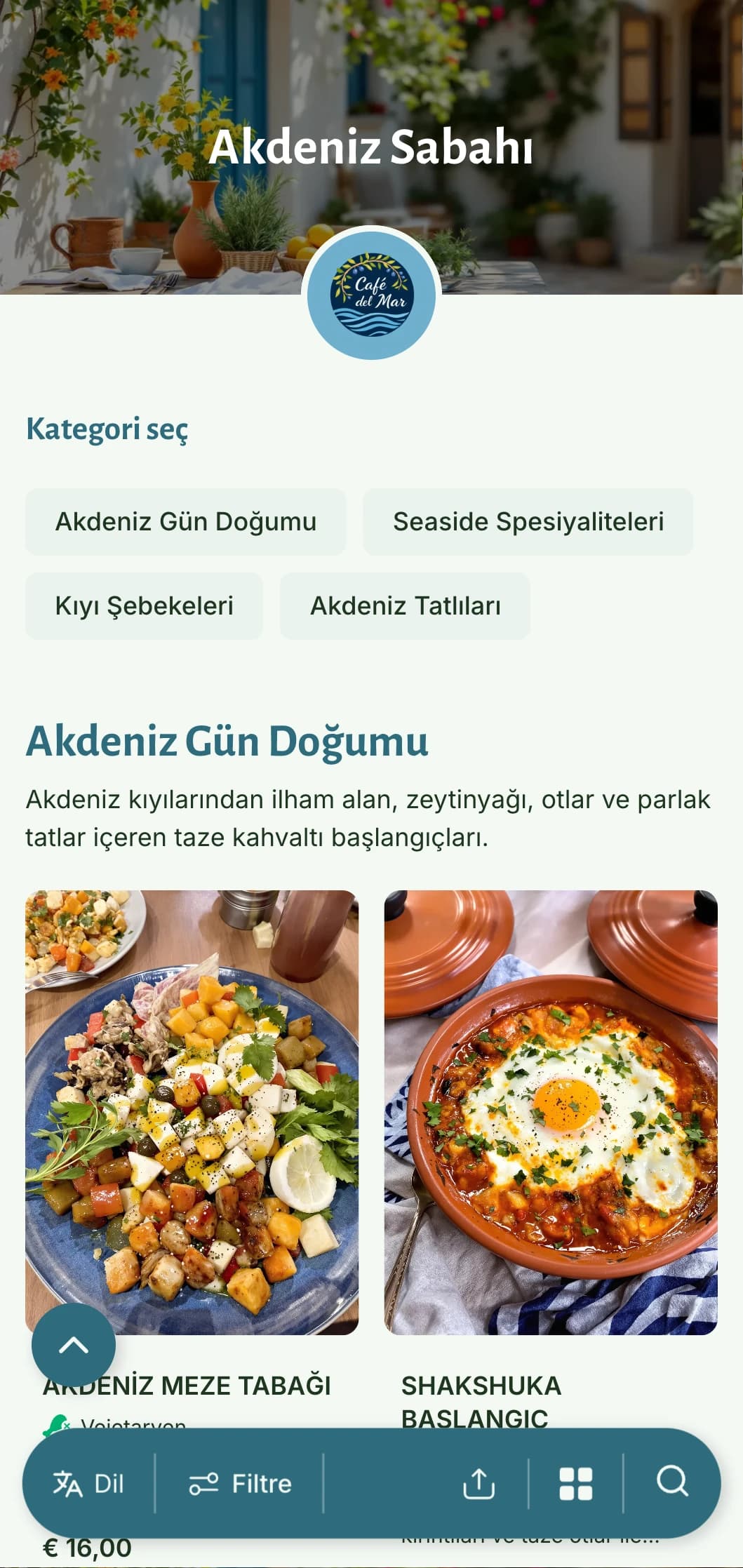 Akdeniz esintileri taşıyan aydınlık, havadar brunch şablonu, sağlıklı, zeytinyağı bazlı kahvaltı yemekleri sunan kafeler için mükemmeldir.