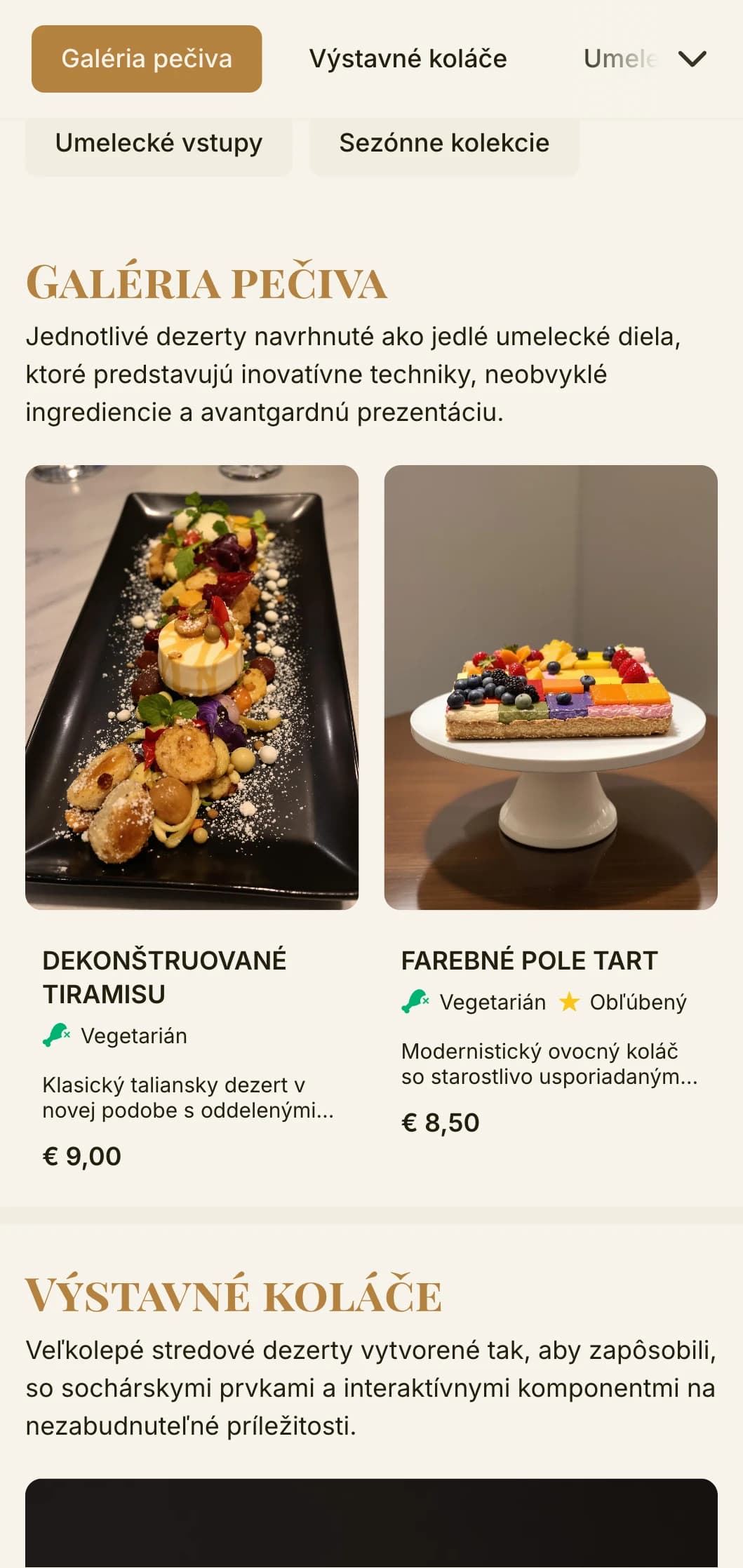 Umelecký dizajn jedálneho lístka inšpirovaný galériou s teplými zlatými tónmi a sofistikovanou typografiou je ideálny pre butiky s dezerty a umelecké cukrárne.