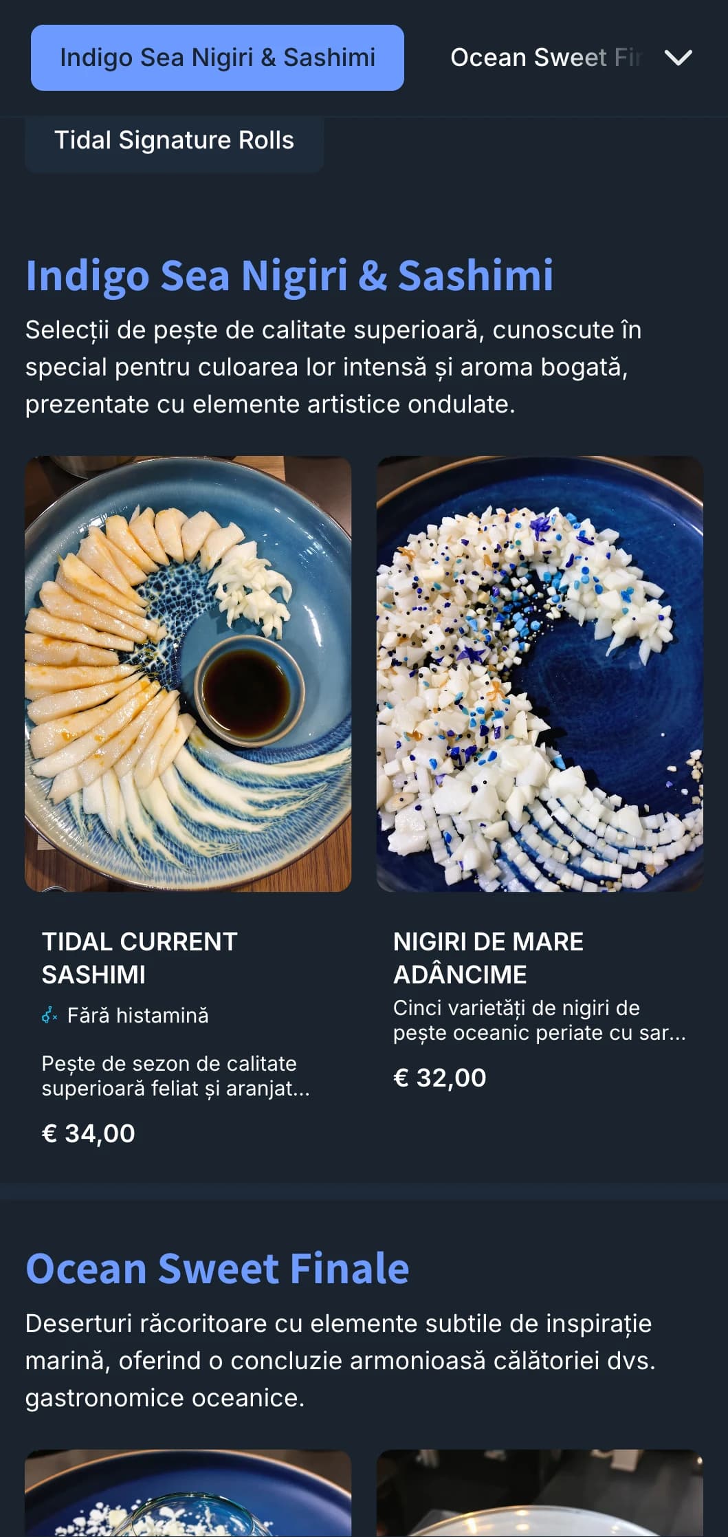 Meniu sushi inspirat din ocean, cu valuri indigo adânci și design contemporan pentru restaurante axate pe fructe de mare.