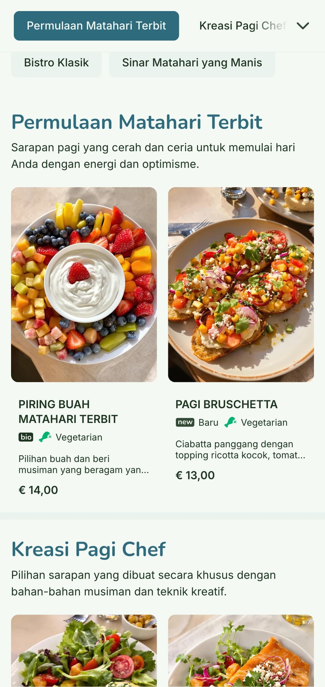 Menu sarapan yang cerah dan ceria dengan bahan-bahan segar dan penuh warna dalam suasana bistro yang santai namun berkelas.