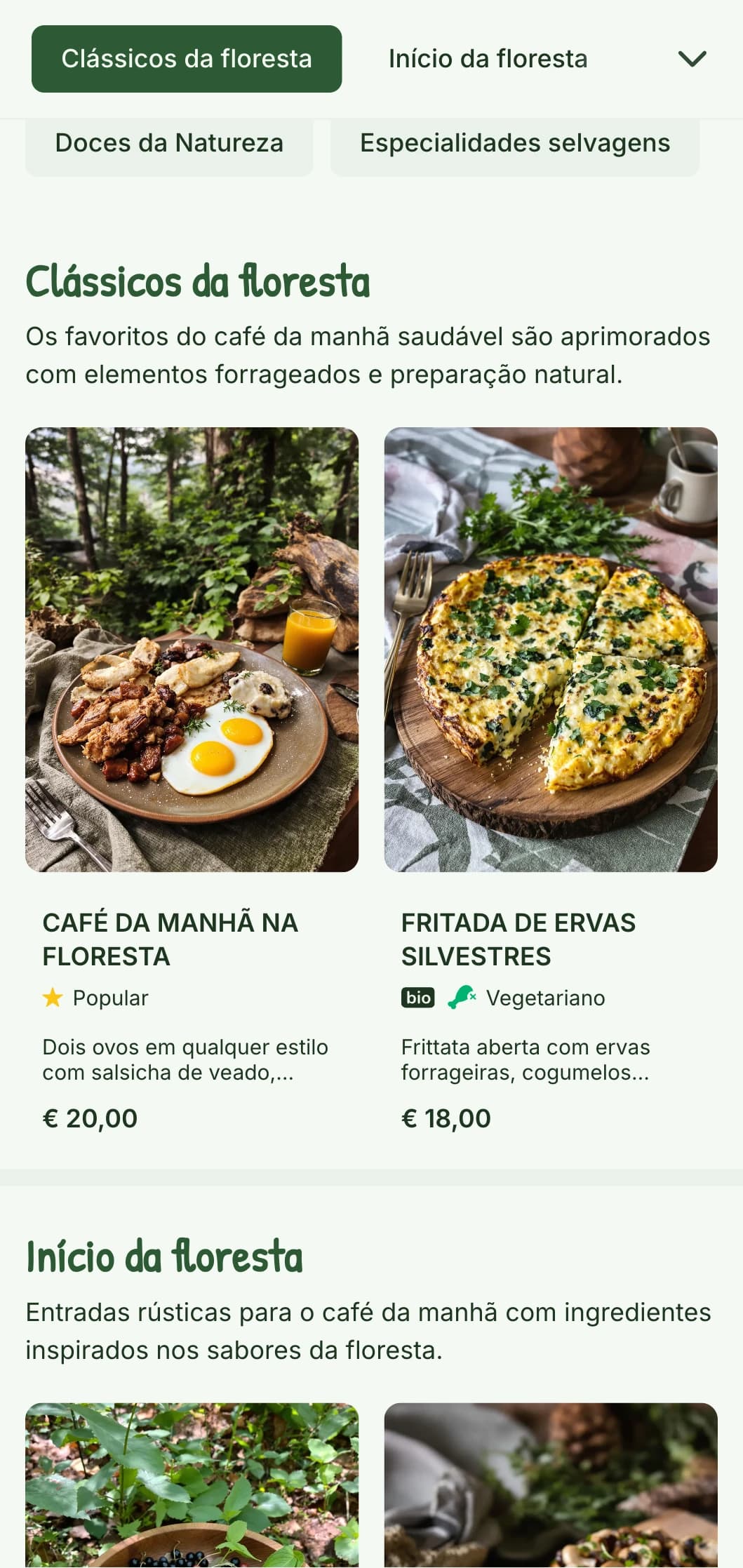Opções de café da manhã rústico com elementos forrageados e apresentação natural inspirada na estética da floresta.
