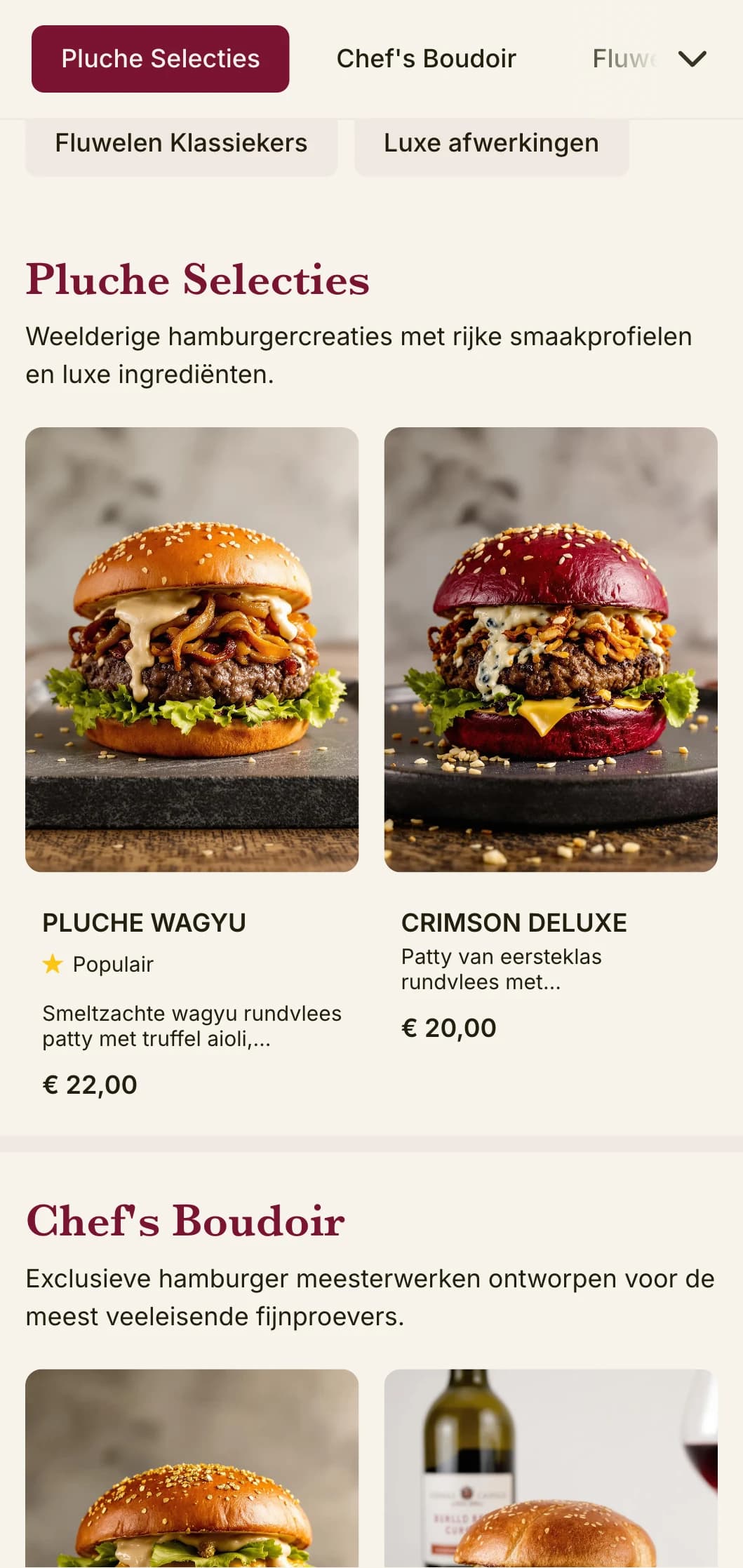 Pluche luxe burger lounge met rijke texturen en weelderige presentatie.