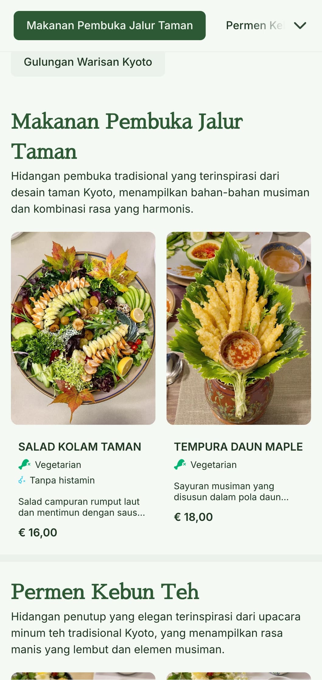 Menu sushi yang terinspirasi dari taman tradisional Jepang dengan nuansa hijau yang tenang dan elemen klasik.