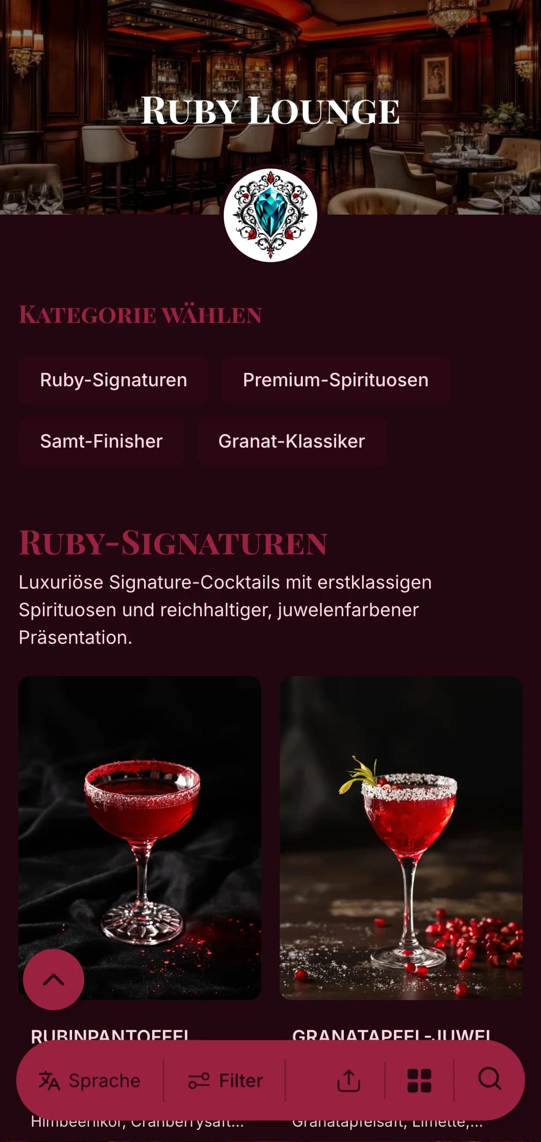 Ein luxuriöses, juwelenfarbenes Design für gehobene Cocktailbars und Lounges mit reichen rubinroten Akzenten und eleganter Typografie.