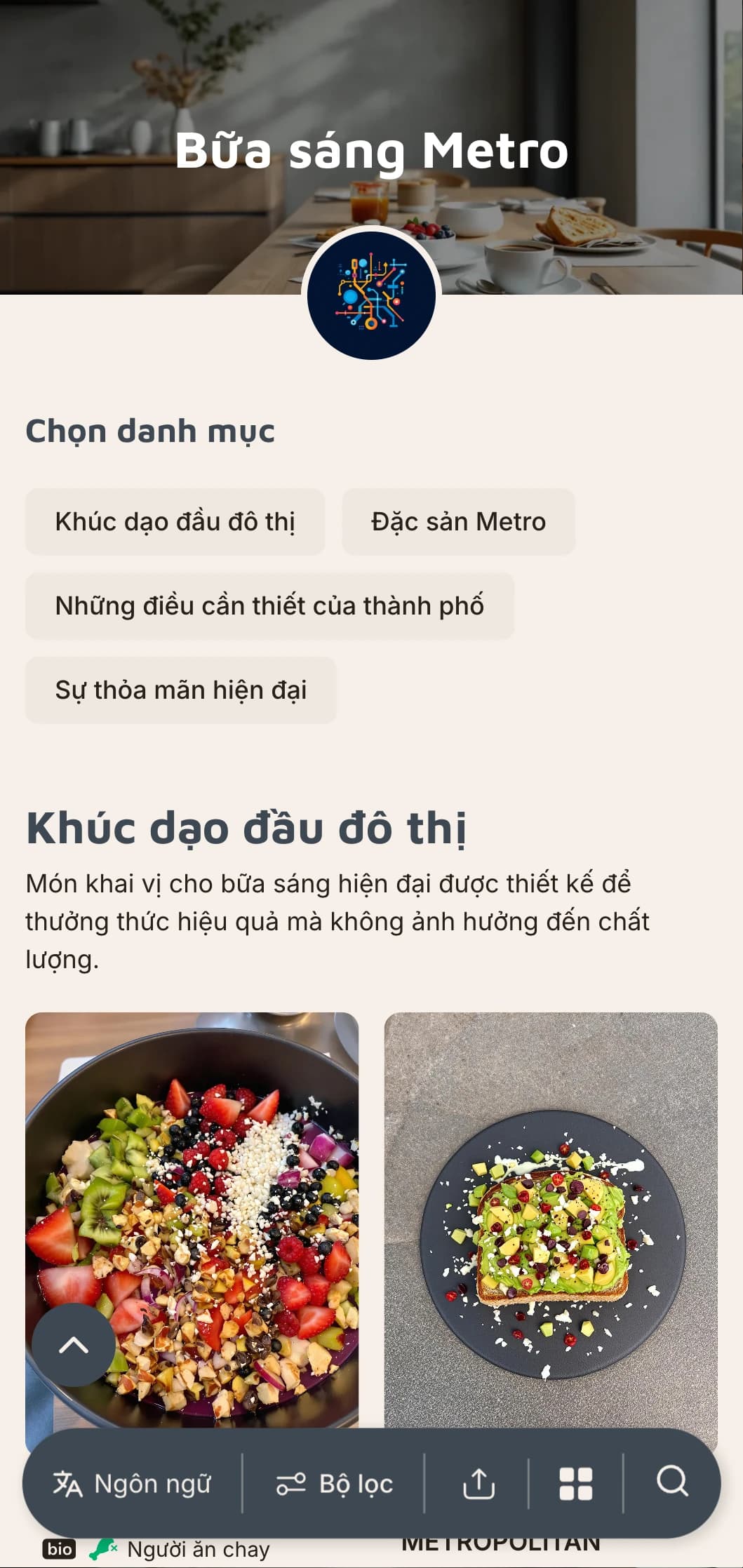 Bữa sáng mang phong cách đô thị pha trộn với ảnh hưởng quốc tế và cách trình bày hiện đại dành cho thực khách thành thị.
