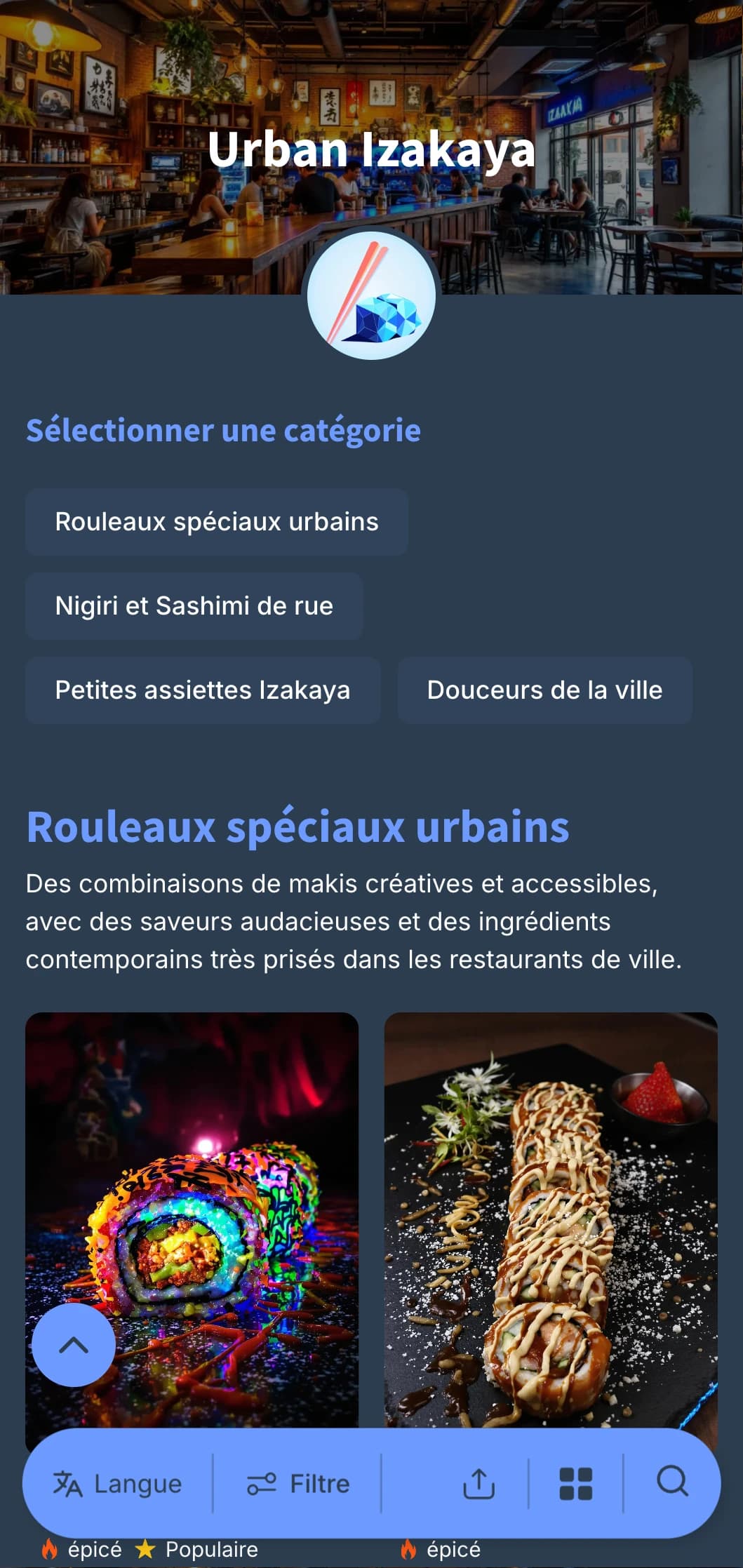 Menu contemporain de style pub japonais avec une touche urbaine, mettant en valeur les bleus froids contre les marines profonds pour un dîner décontracté.
