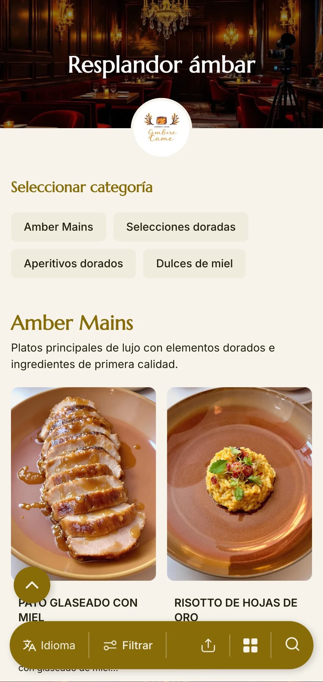 Un menú cálido y dorado con tonos ámbar y ricas texturas, diseñado para cenas íntimas.