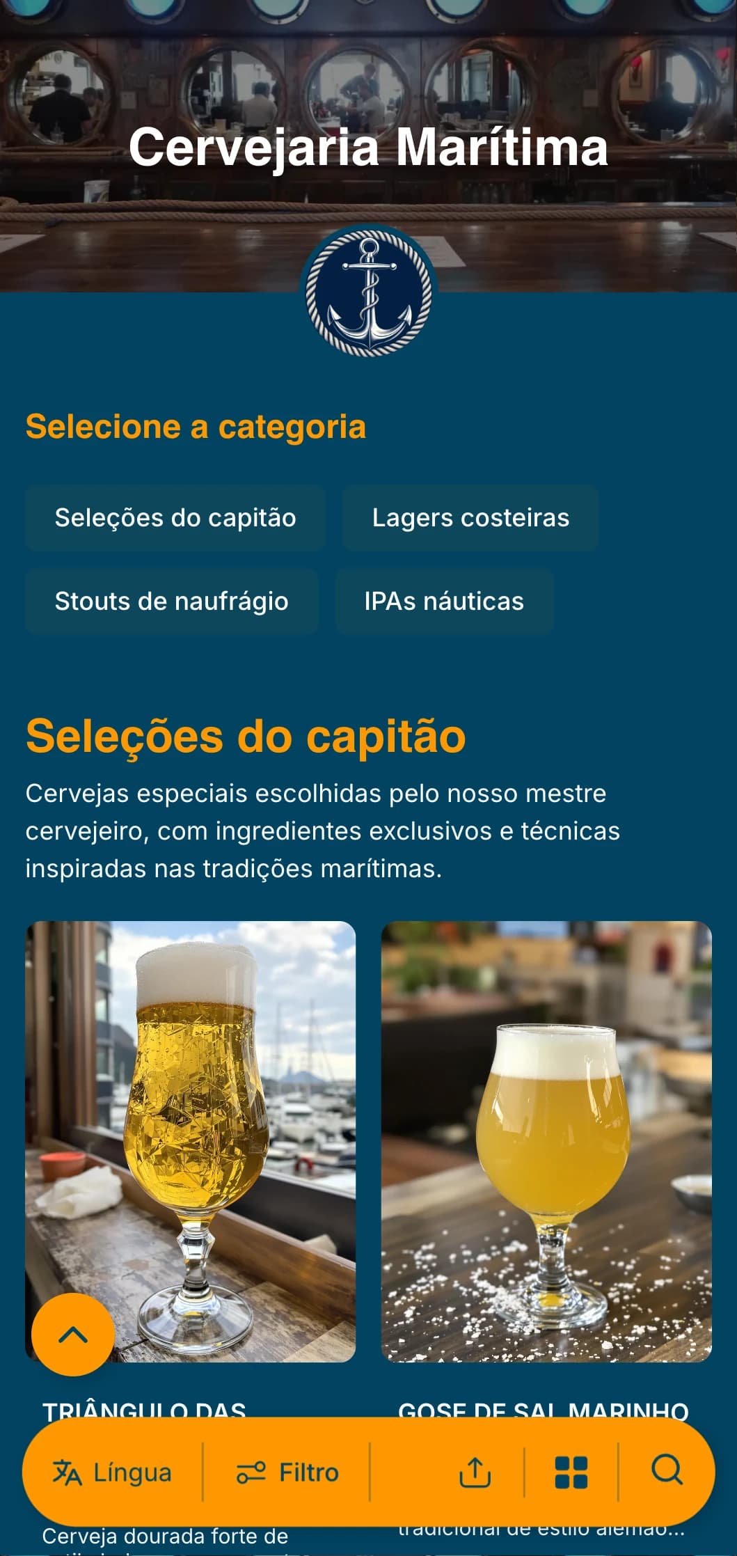 Modelo com tema náutico com tons de azul naval e elementos marítimos, perfeito para cervejarias litorâneas e pubs portuários.
