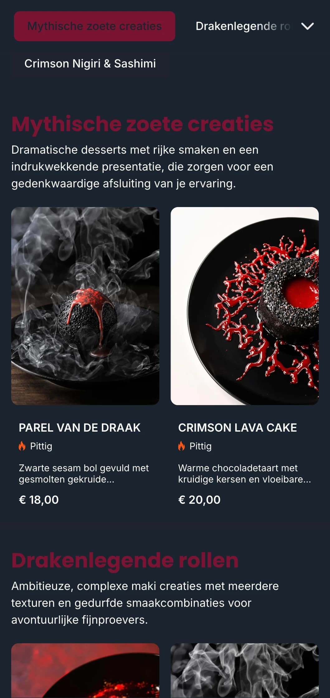 Gedurfd, dramatisch sushi-menu met rijke rode tinten geïnspireerd op de traditionele Japanse drakenmythologie.