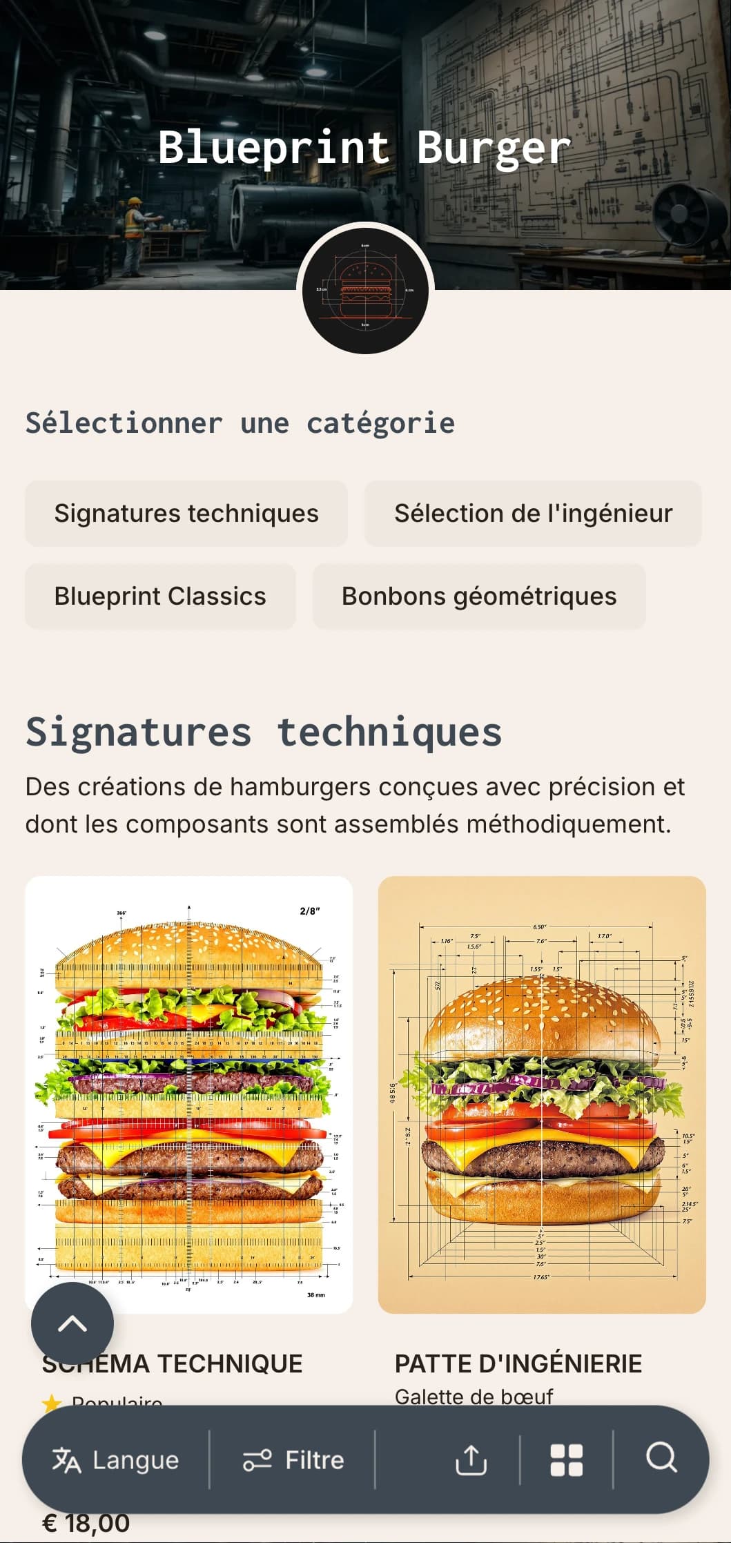 Le dessin technique a inspiré le concept de burger avec précision et éléments architecturaux.