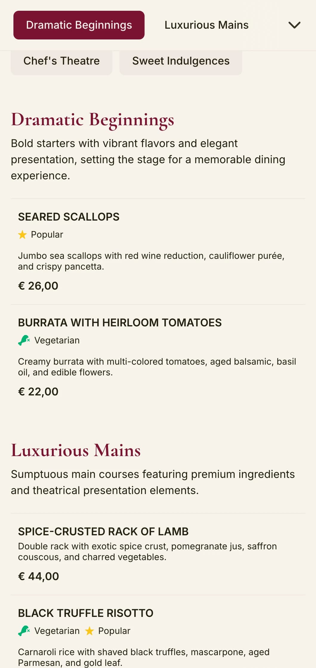A bold and dramatic dinner menu featuring deep red tones and luxurious elements, designed for upscale dining venues with a theatrical flair.