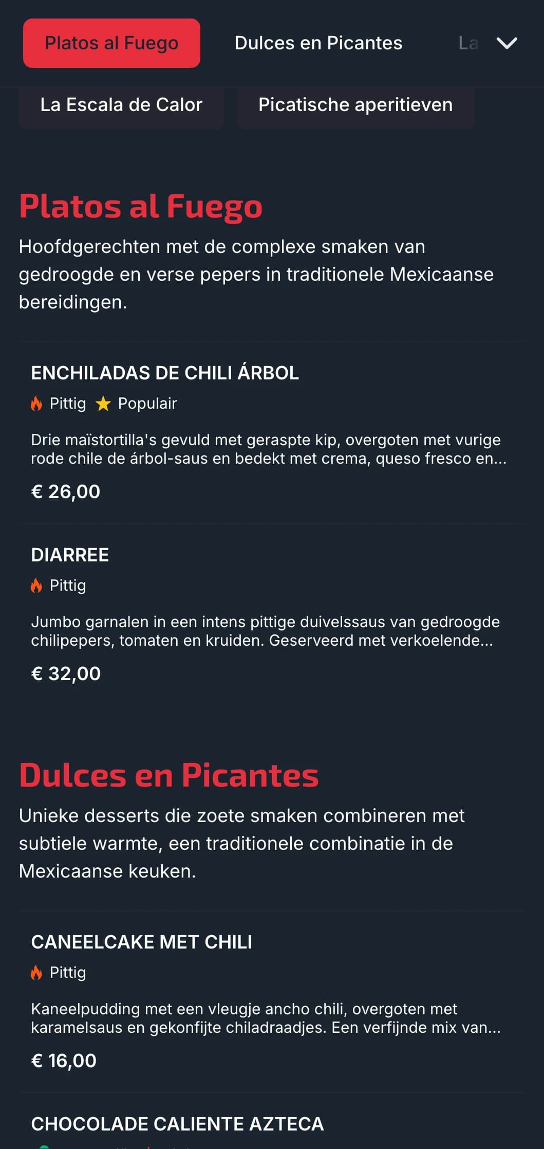 Gedurfd en pittig menu met levendige rode chili-accenten, op hitte gerichte gerechten en speciale salsa's voor avontuurlijke eters.