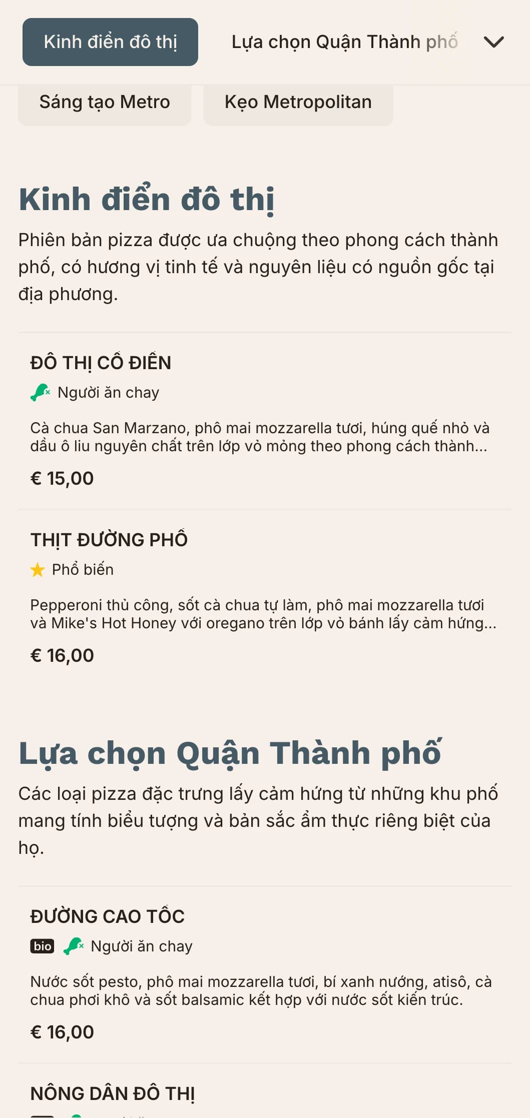Thực đơn pizza đô thị với đường nét gọn gàng và thiết kế hiện đại dành cho các địa điểm trong thành phố.