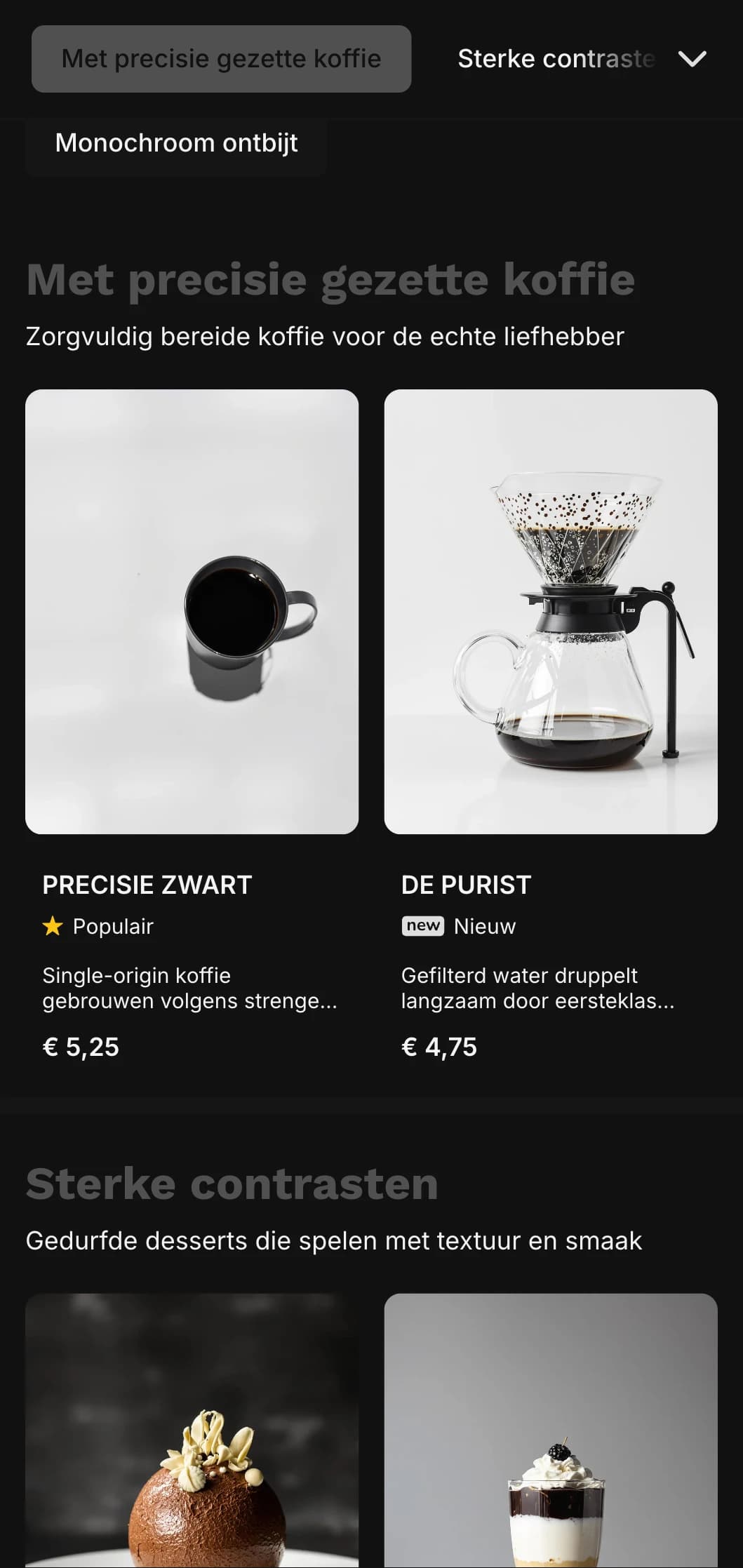Gedurfd zwart-wit ontwerp met sterke typografie voor koffiespeciaalzaken.