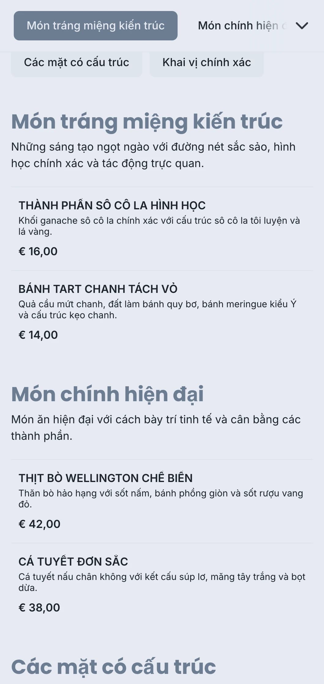 Thiết kế dịch vụ ăn uống sạch sẽ, có cấu trúc với cách bày trí hình học, khẩu phần chính xác và tông màu đơn sắc cho các sự kiện đương đại.