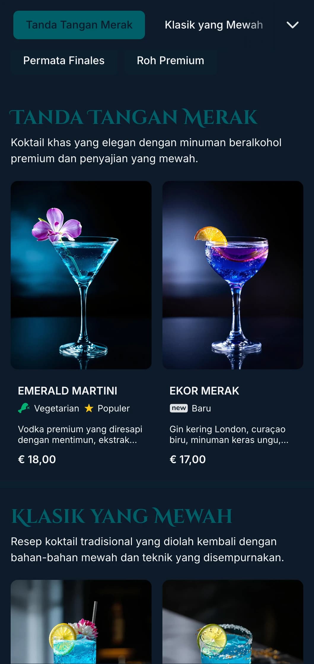 Desain mewah bernuansa permata untuk lounge koktail kelas atas yang menampilkan aksen biru merak dan zamrud dengan tipografi yang elegan.