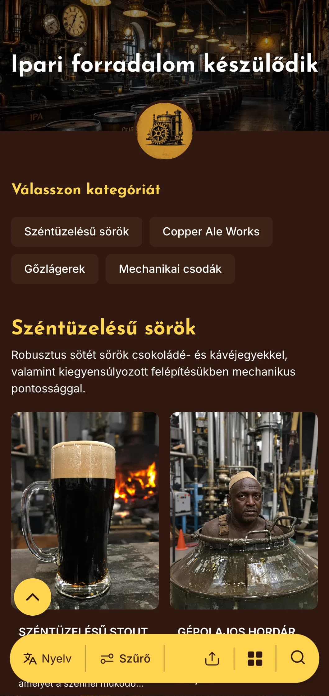 Gőzüzemű ipari esztétika sárgaréz akcentusokkal és mechanikus elemekkel, tökéletes a steampunk témájú sörfőzdékhez.