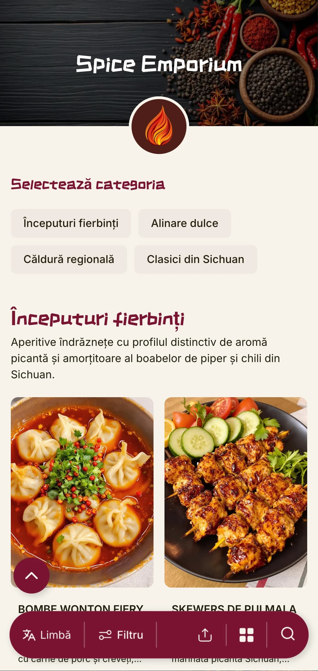 Meniu chinezesc vibrant inspirat de tradițiile condimentelor din Sichuan și Hunan, cu culori îndrăznețe pentru bucătăria regională autentică.
