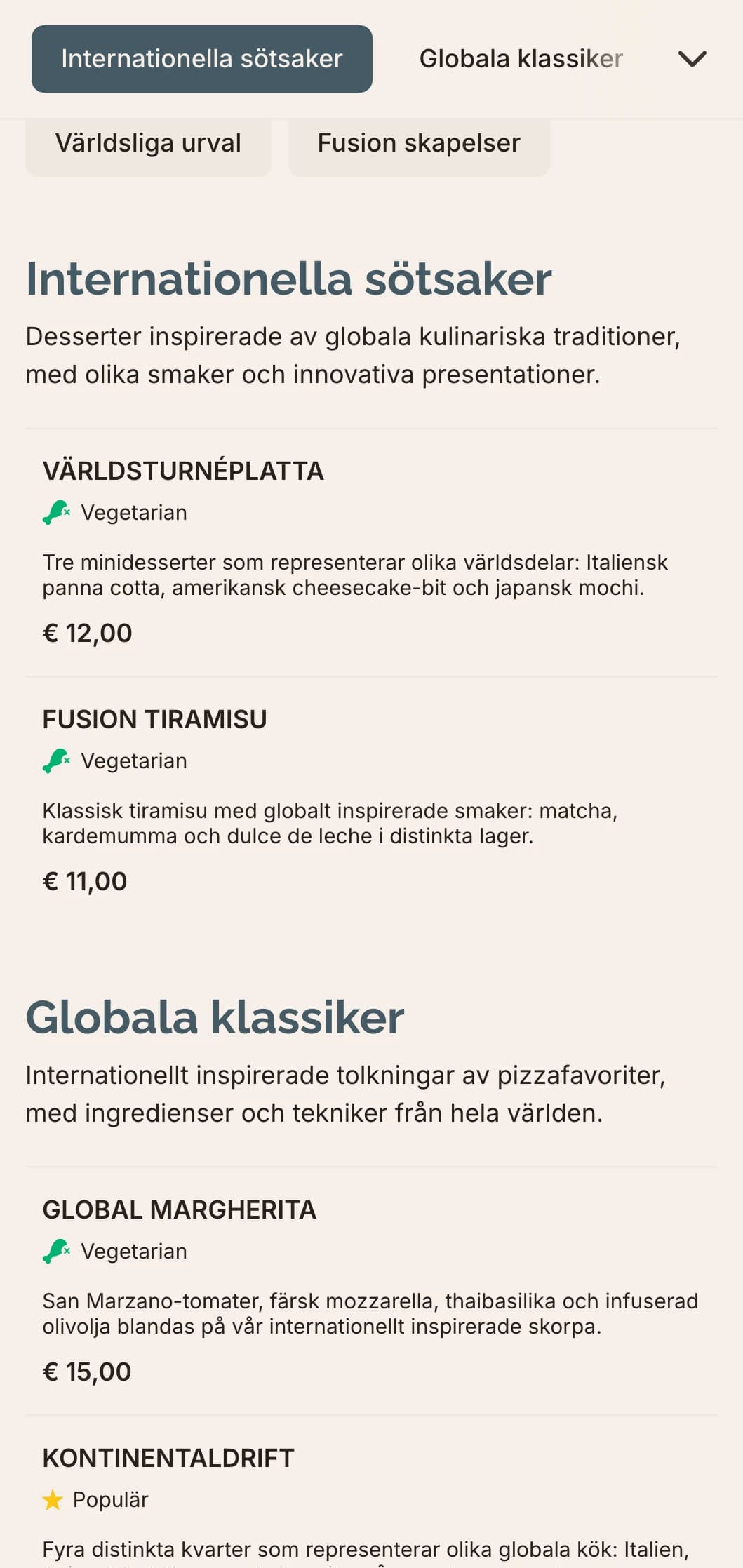 Global fusion-pizzameny med modern design för innovativa smakkombinationer.