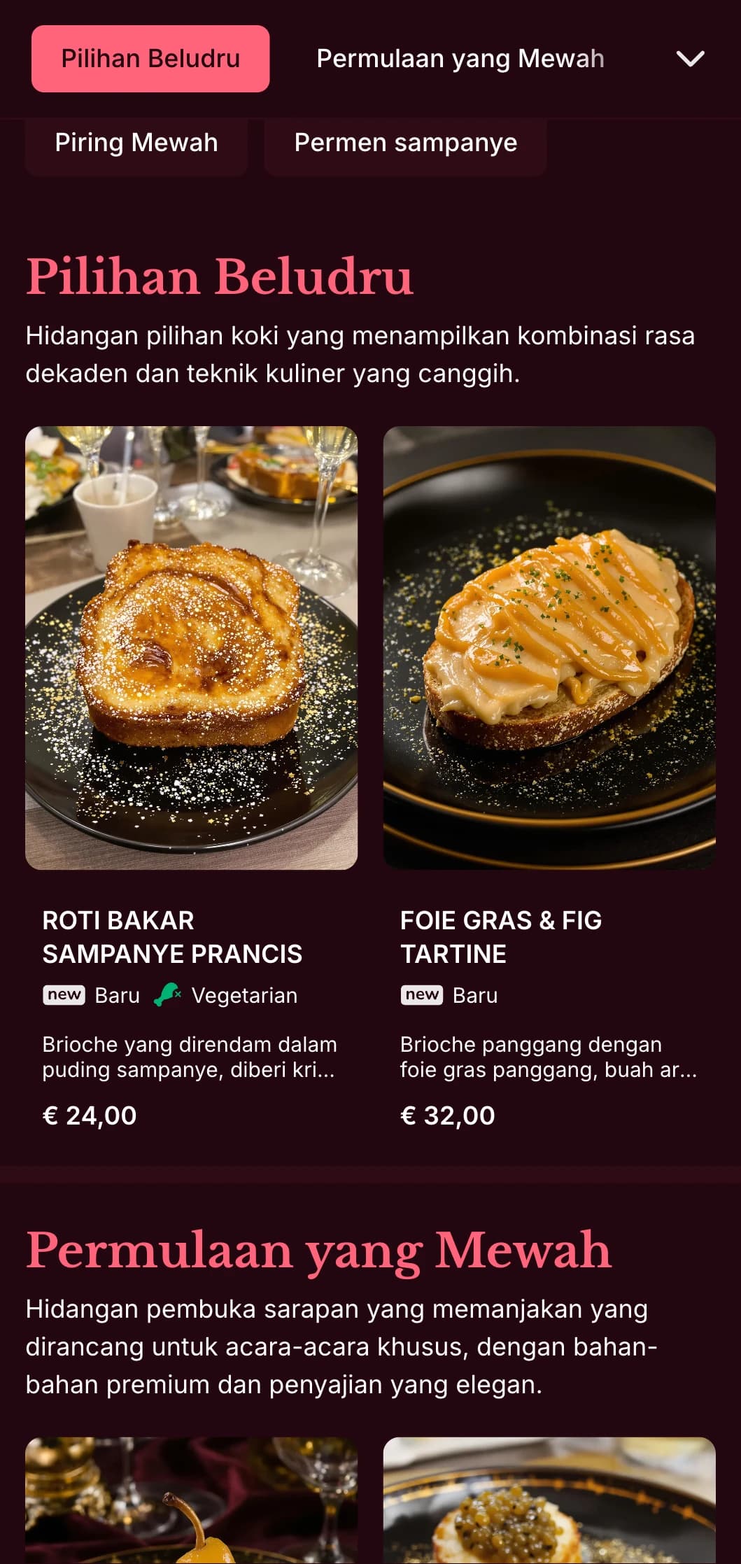 Templat brunch yang kaya dan mewah dengan warna-warna yang pekat, dirancang untuk brunch akhir pekan kelas atas dengan pasangan koktail.