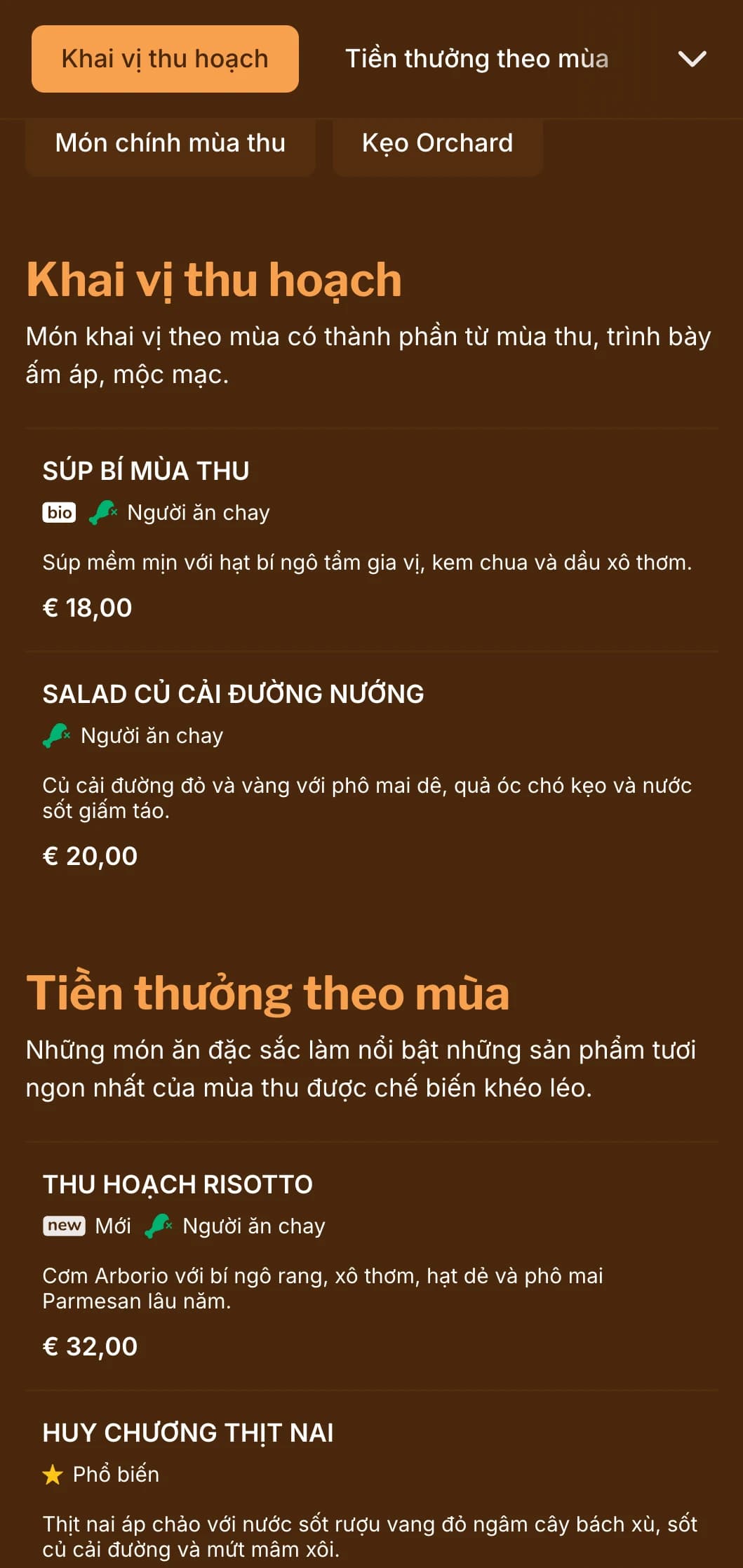 Thực đơn tối ấm áp lấy cảm hứng từ mùa thu với tông màu hổ phách đậm đà, lý tưởng cho ẩm thực theo mùa và các nhà hàng chú trọng vào mùa thu hoạch.
