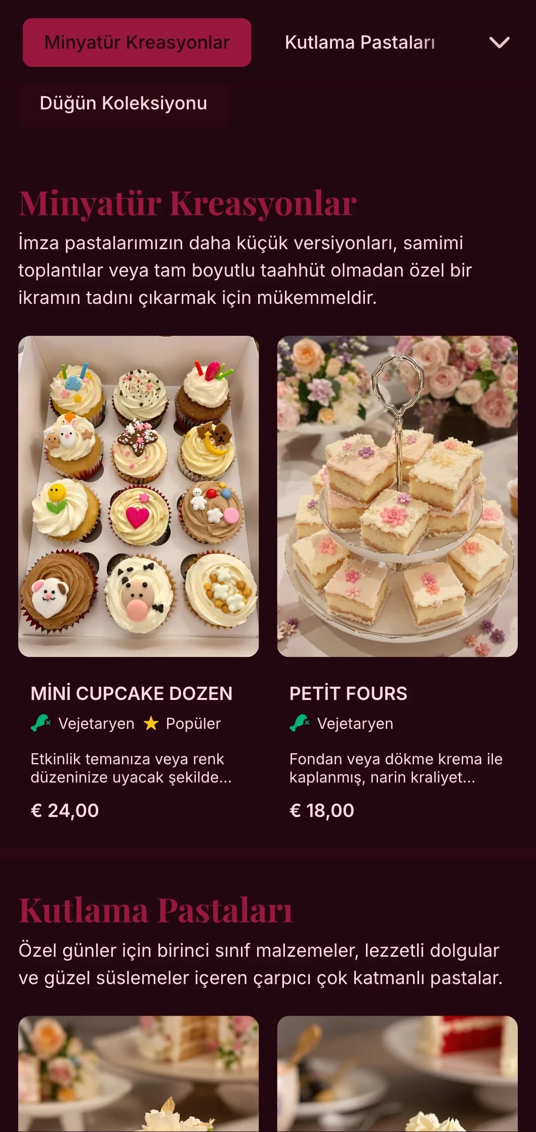 Lüks pastaneler ve düğün pastası uzmanları için ideal, zengin pembe tonları ve zarif tipografi ile lüks, kadınsı bir fırın menüsü tasarımı.