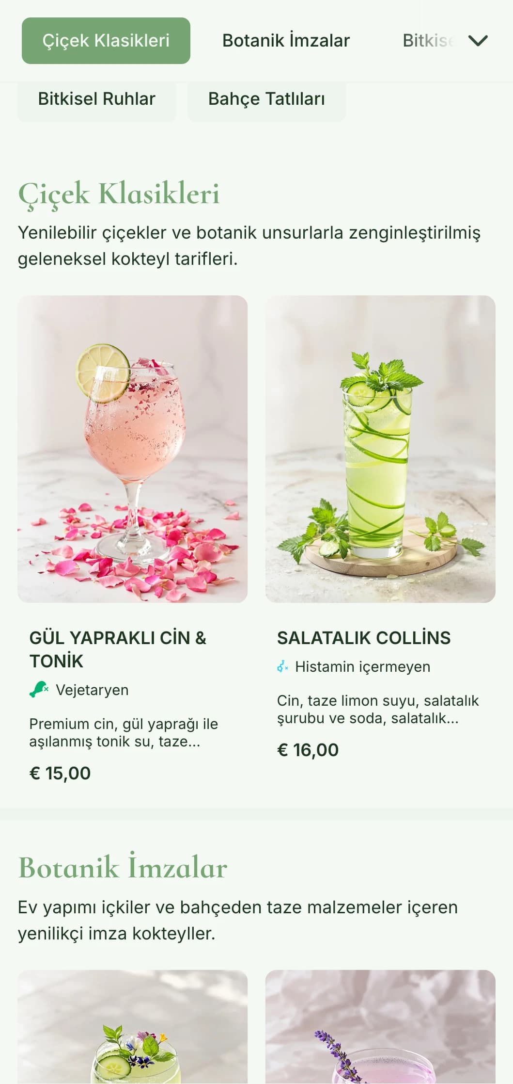 Bitkisel kokteyller ve botanik içkiler konusunda uzmanlaşmış barlar için yemyeşil, bahçeden ilham alan ve taze yeşil tonlar içeren bir tasarım.