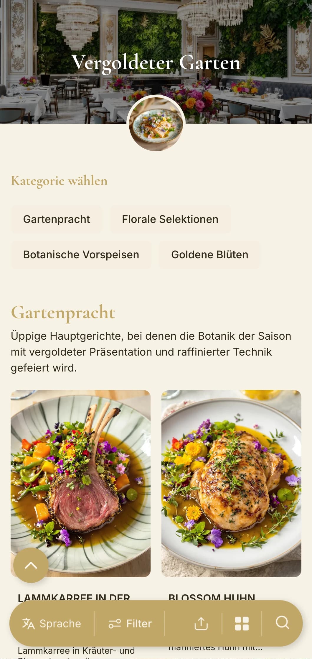 Opulentes botanisches Konzept, das üppiges Grün mit goldenen Akzenten und raffinierten, vom Garten inspirierten Elementen kombiniert.