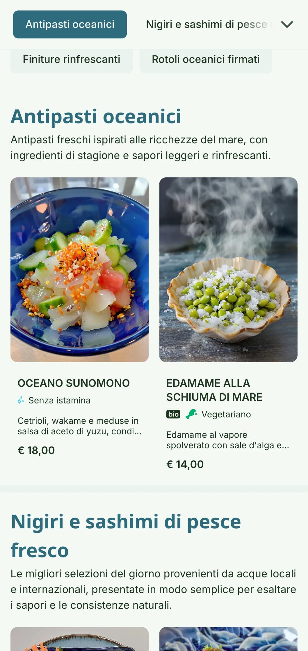 Un design fresco e vivace per il menu del sushi ispirato ai colori dell'oceano, con una tavolozza blu rilassante ideale per i locali che si dedicano ai frutti di mare.