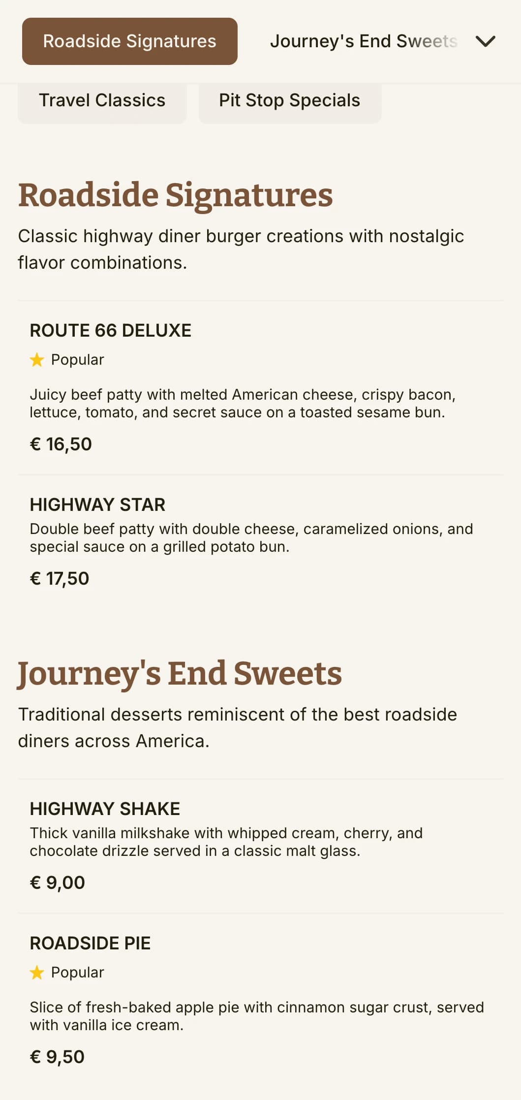 Highway-inspired burger joint with vintage road signs and classic American roadtrip nostalgia.