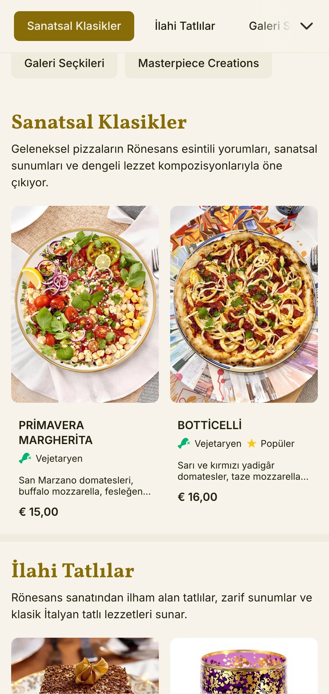 Zengin görsel öğelerle İtalyan Rönesansından ilham alan sanatsal pizza menüsü.