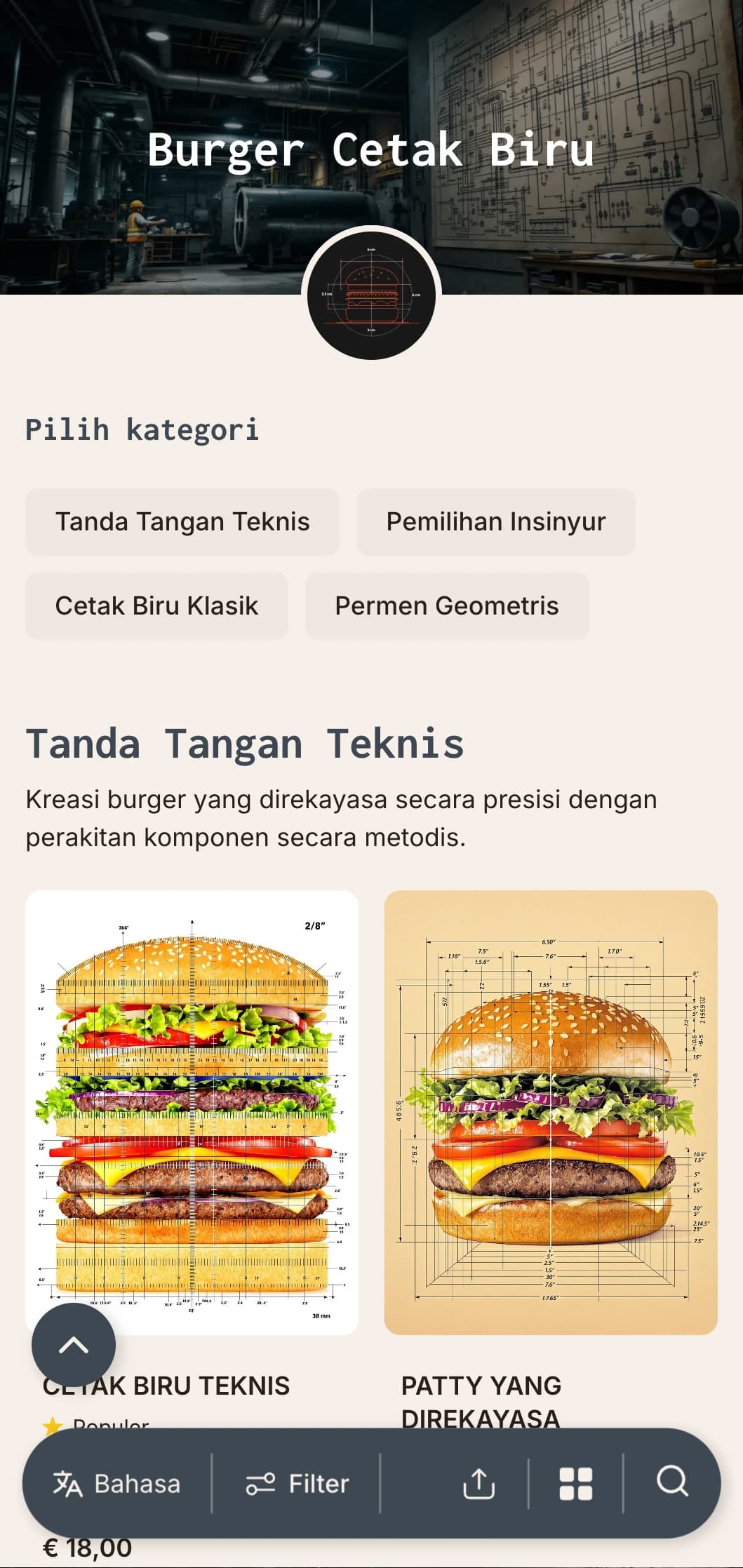 Gambar teknis yang terinspirasi dari konsep burger dengan presisi dan elemen arsitektural.