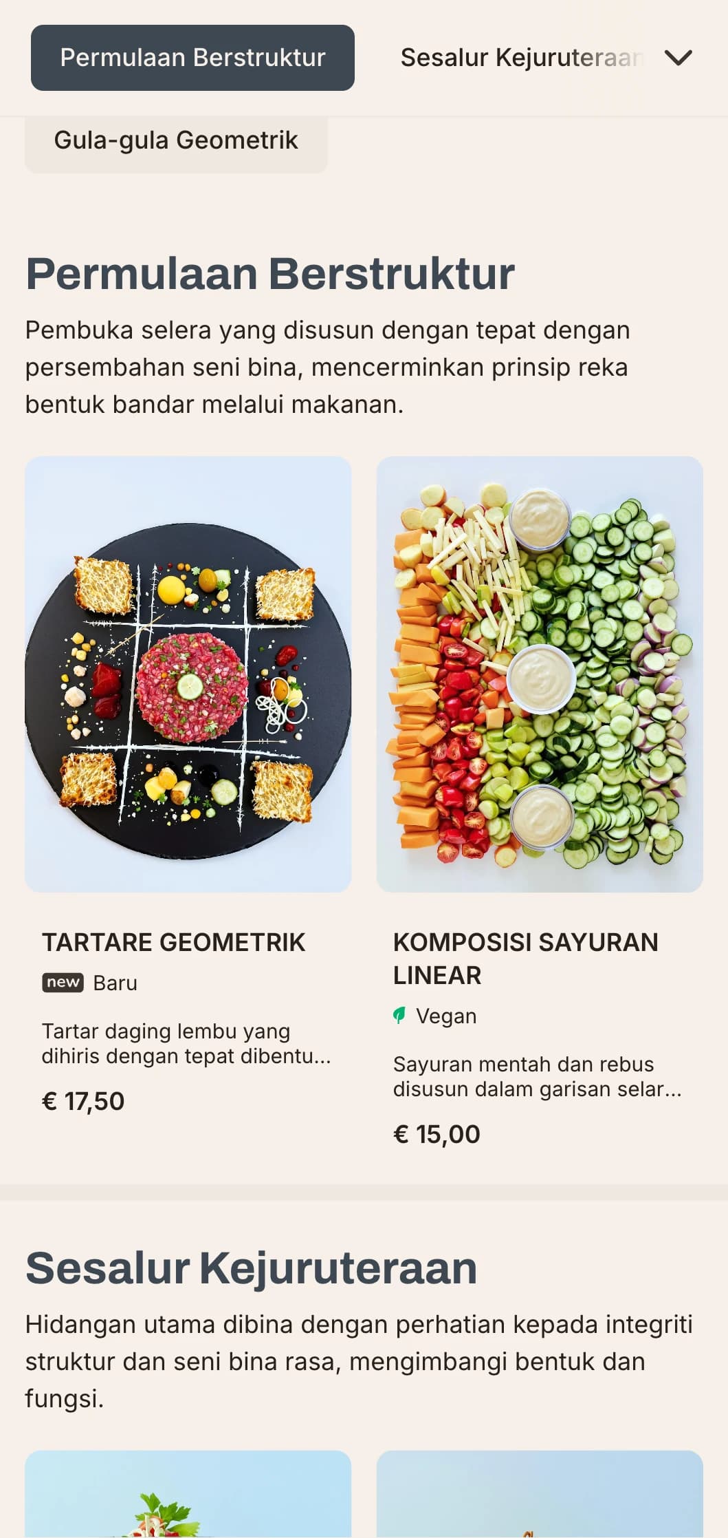 Reka bentuk menu makan tengah hari seni bina yang berani dengan garis yang kukuh dan elemen bandar, sesuai untuk restoran kontemporari di daerah perniagaan dan pembangunan moden.