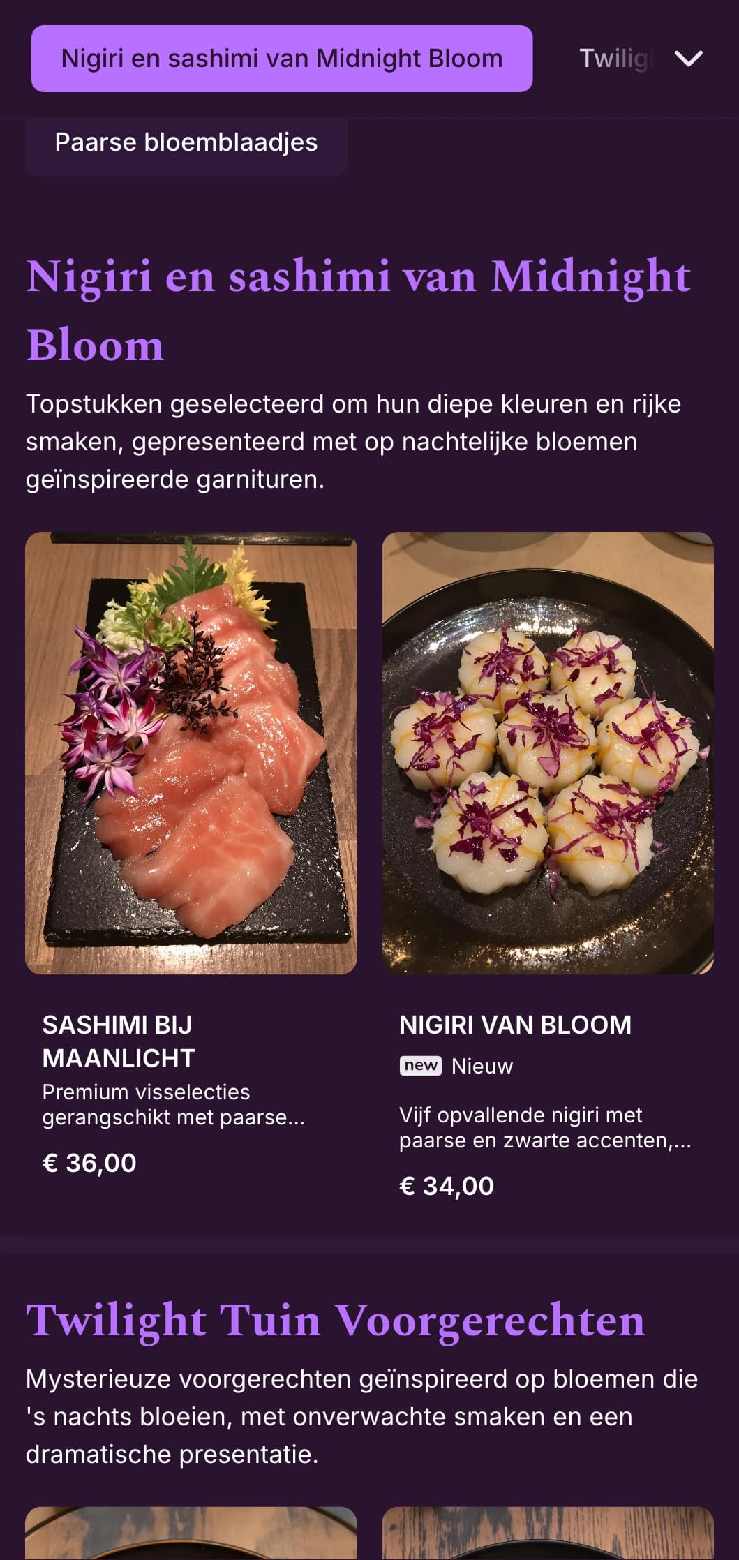 Luxueuze avondlijke sushi-ervaring met dieppaarse accenten en dramatische bloemenelementen.