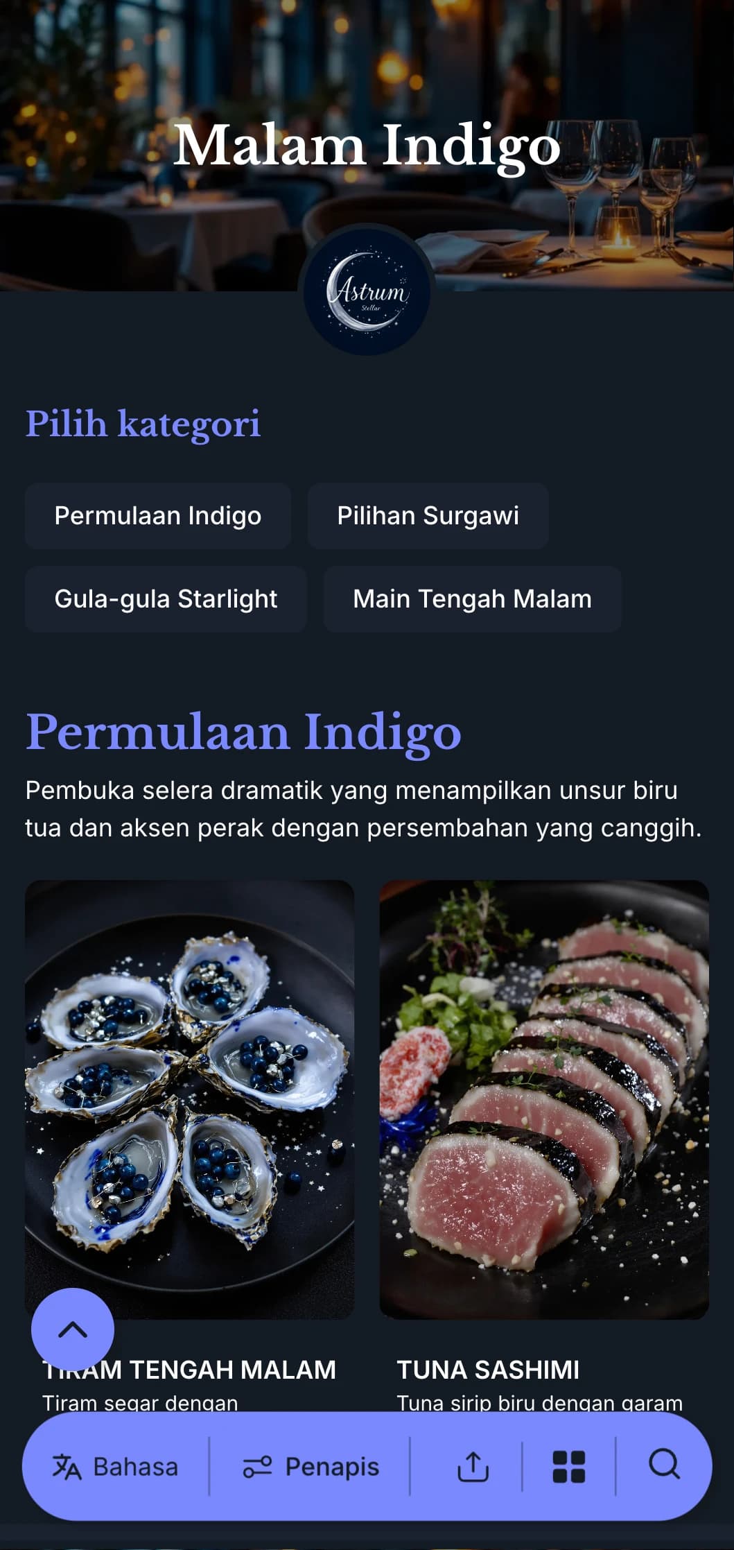 Menu makan malam nila yang mendalam dengan rona biru tengah malam dan aksen perak, direka untuk makan malam yang canggih.