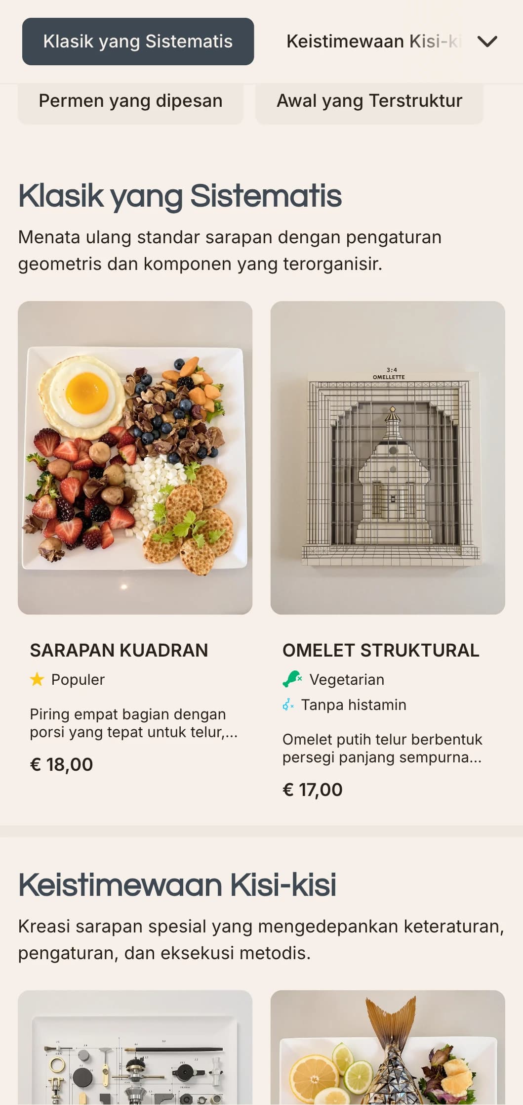 Pilihan pagi yang diatur secara tepat dengan presentasi modular dan kombinasi rasa kontemporer.