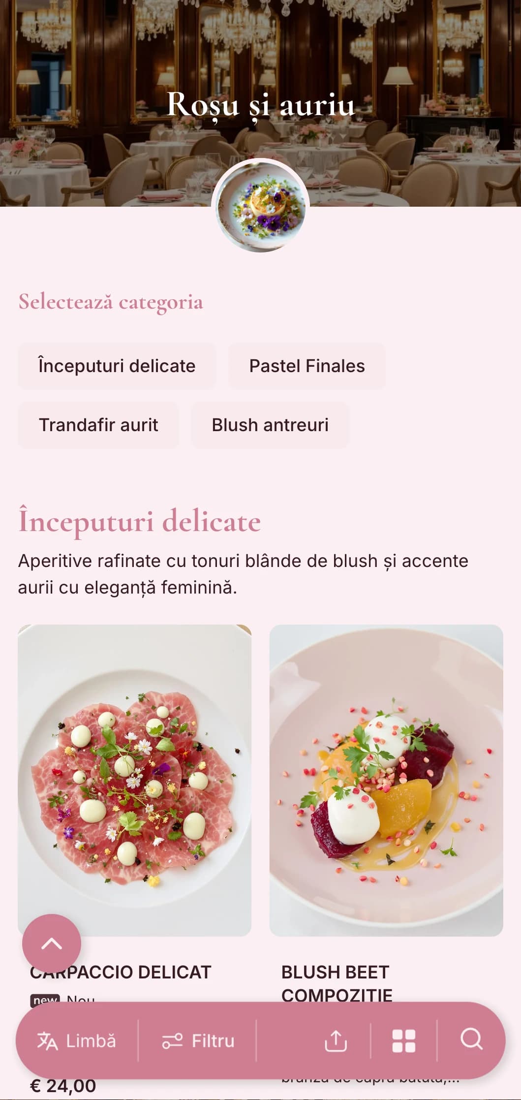 Concept feminin rafinat cu tonuri blânde de blush cu accente aurii elegante pentru o experiență de lux delicată.