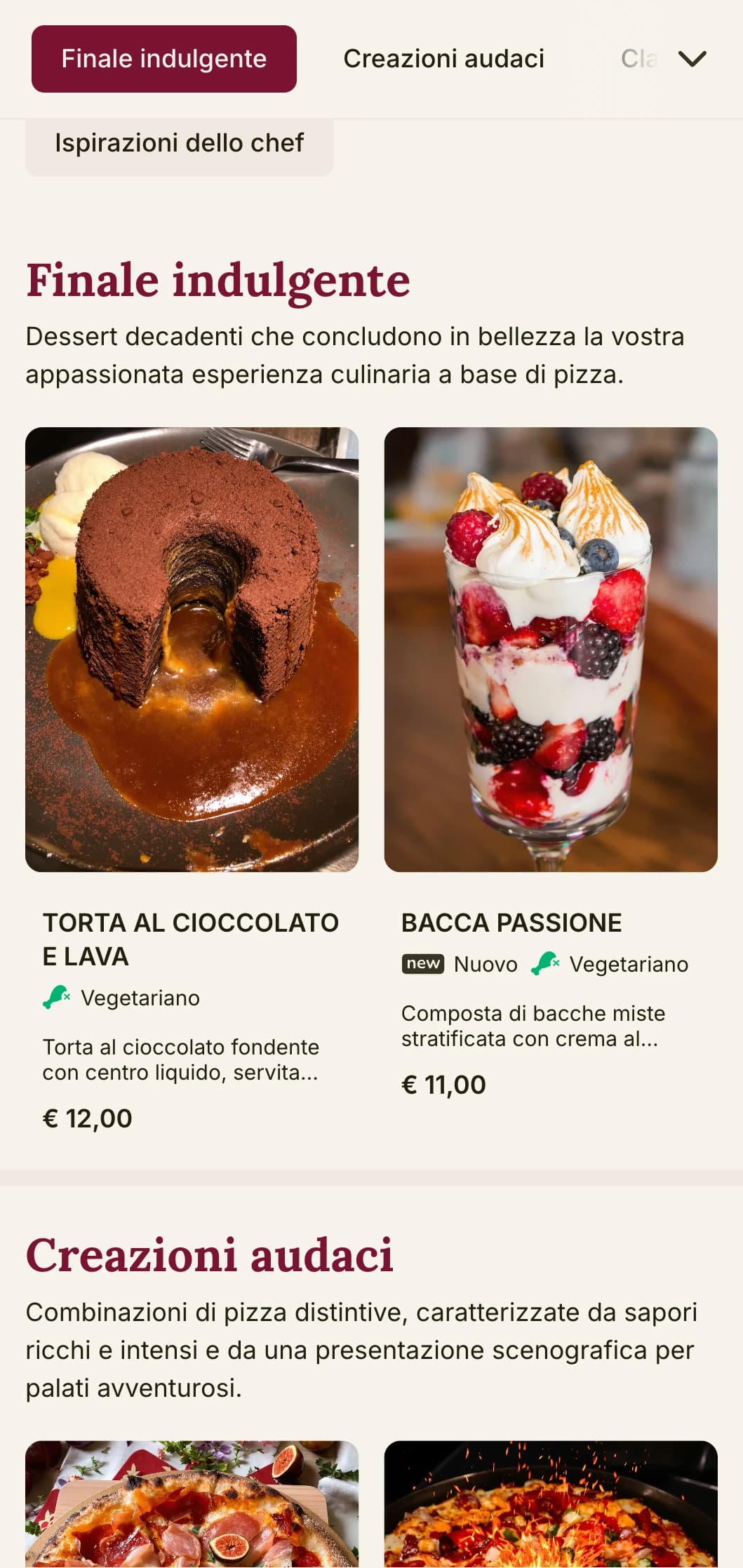 Design del menu pizza audace e appassionato con colori ricchi ed elementi teatrali per pizzerie dal carattere distintivo.