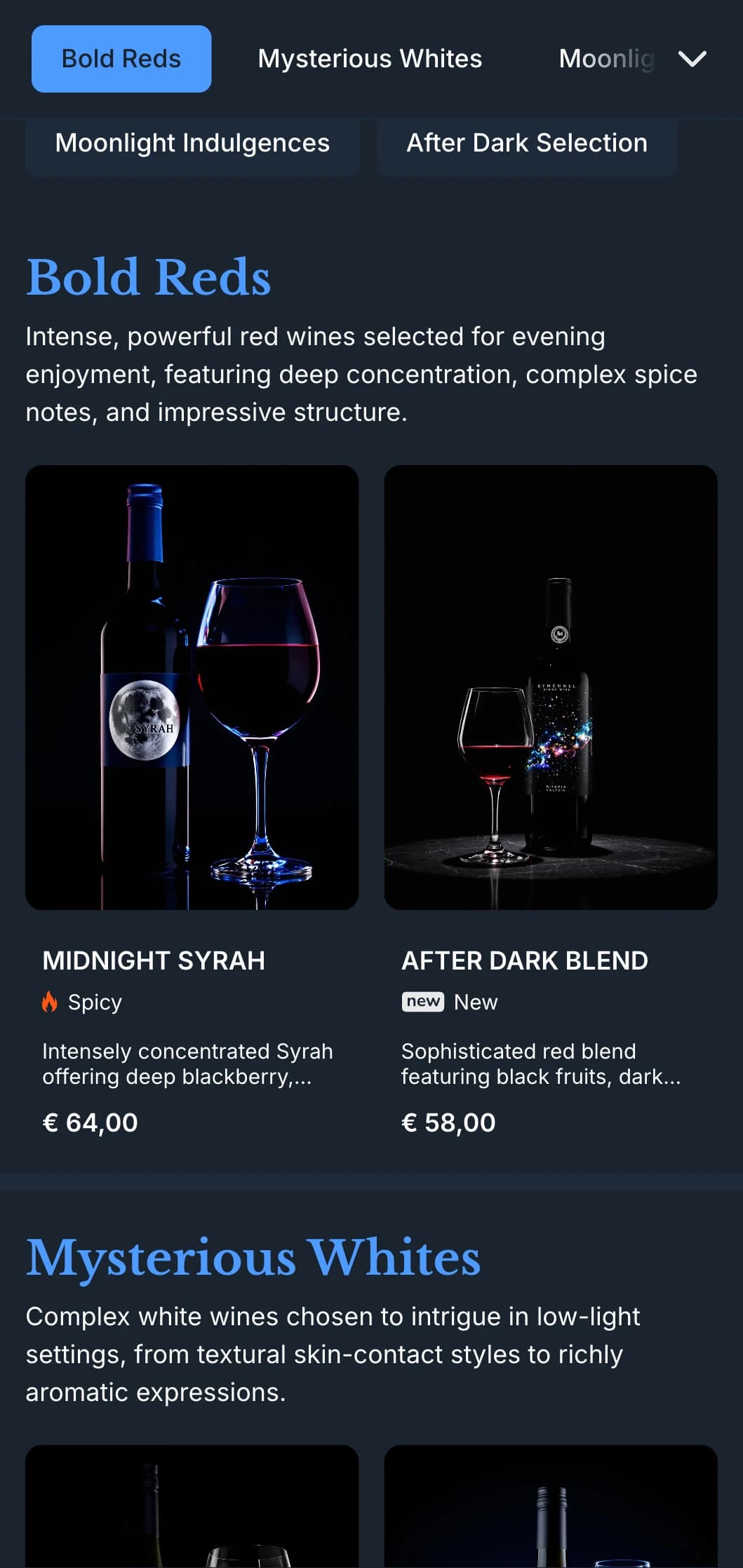 Deeply atmospheric wine list template with electric blue accents against midnight backgrounds, ideal for evening venues and exclusive wine experiences.