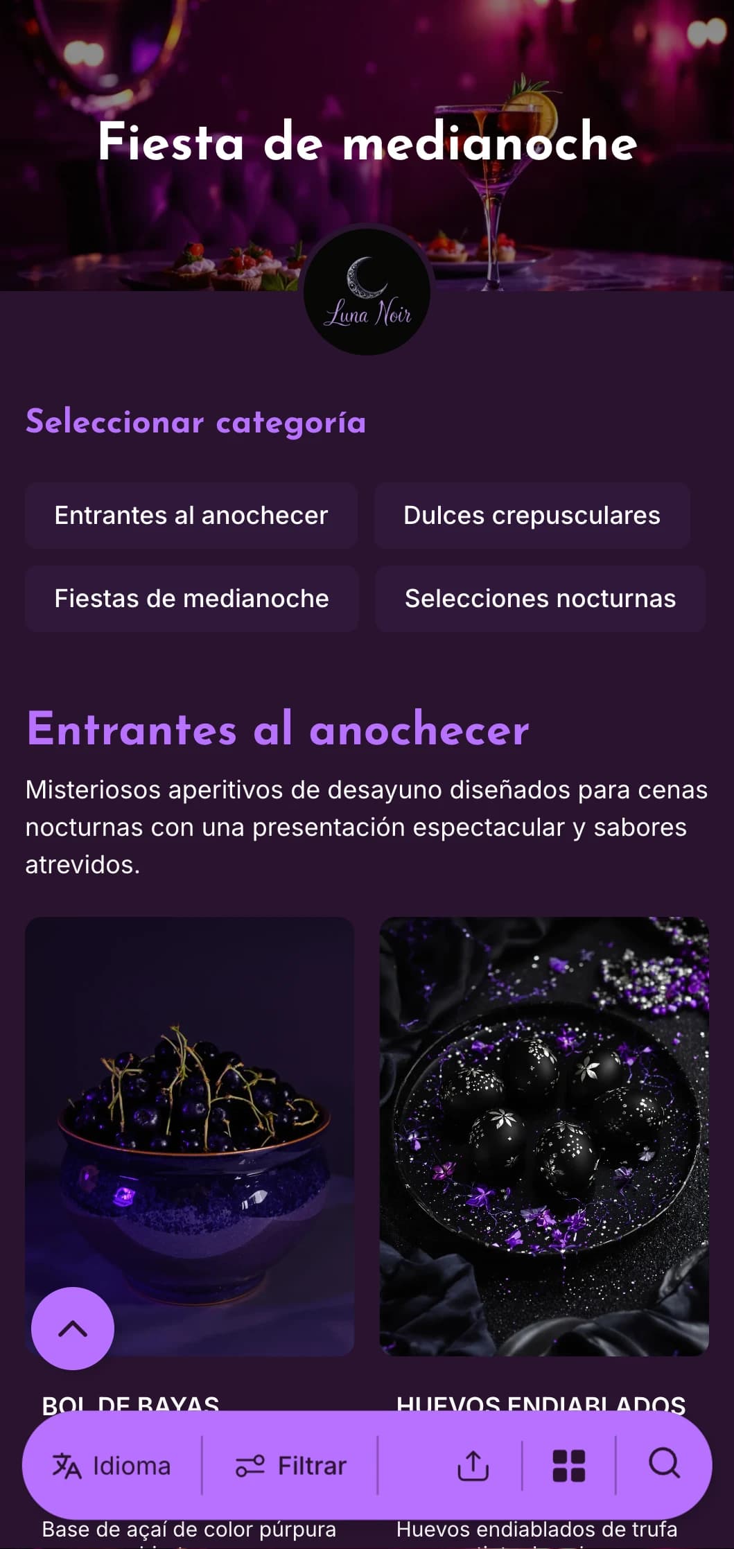 Plantilla de color púrpura intenso con acentos brillantes, perfecta para ofertas de brunch nocturno y desayunos maridados con cócteles.