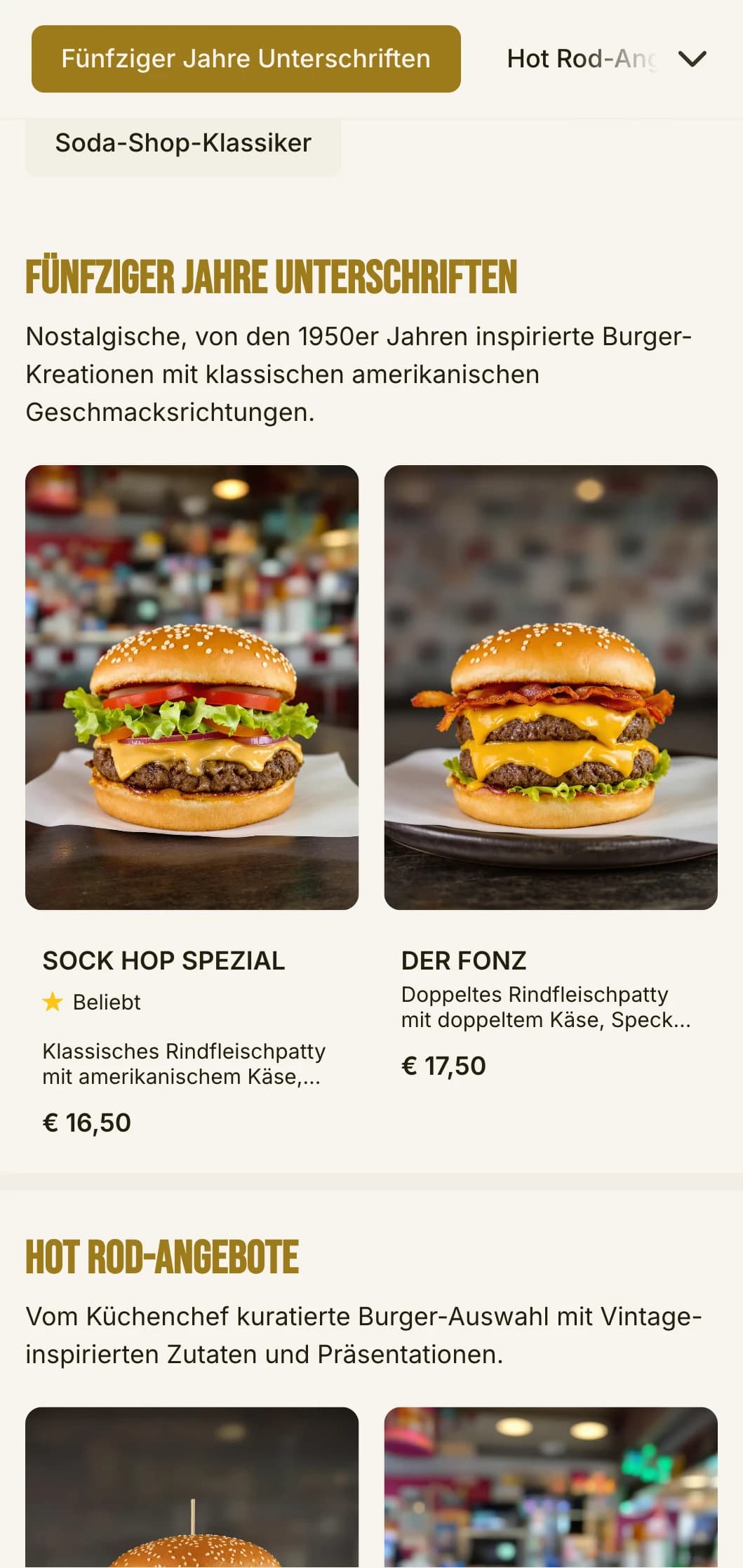 Von den 1950er Jahren inspirierter Burgerladen mit Schachbrettmuster und nostalgischen Limonaden-Elementen.