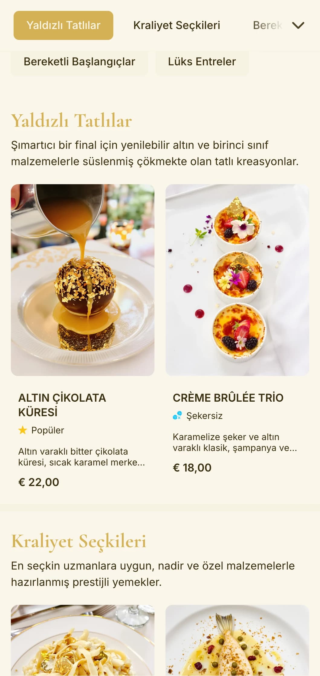 Lüks ve ayrıcalıklı bir görünüm sunan altın temalı gösterişli tasarım, üst düzey kuruluşlar ve özel günlerde yemek yemek için mükemmeldir.