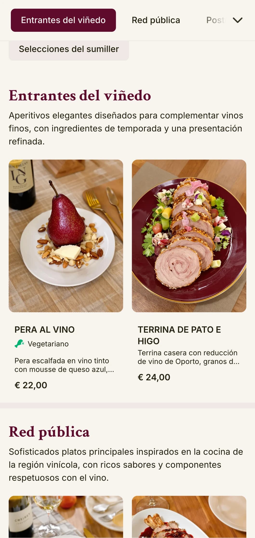 Un sofisticado menú de cena con colores inspirados en el vino y una elegante tipografía, diseñado para establecimientos con amplios programas de vino.